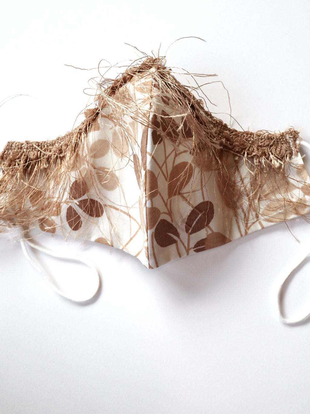 Leaf Print Mask w/Eyelash Trim - Taupe/White