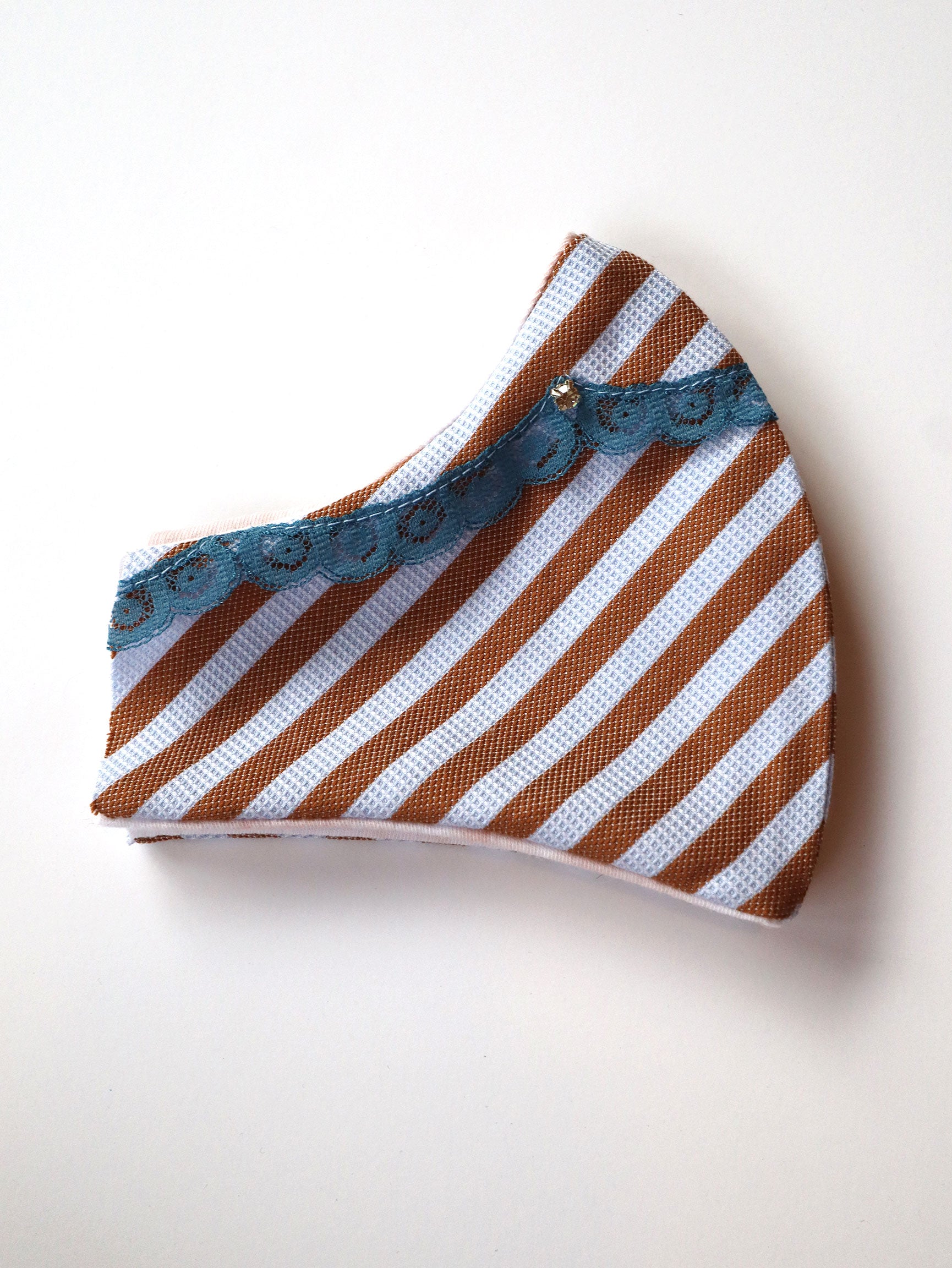 Reversible Striped Mask w/Vintage Lace Trim & Rhinestones - Blue/Taupe