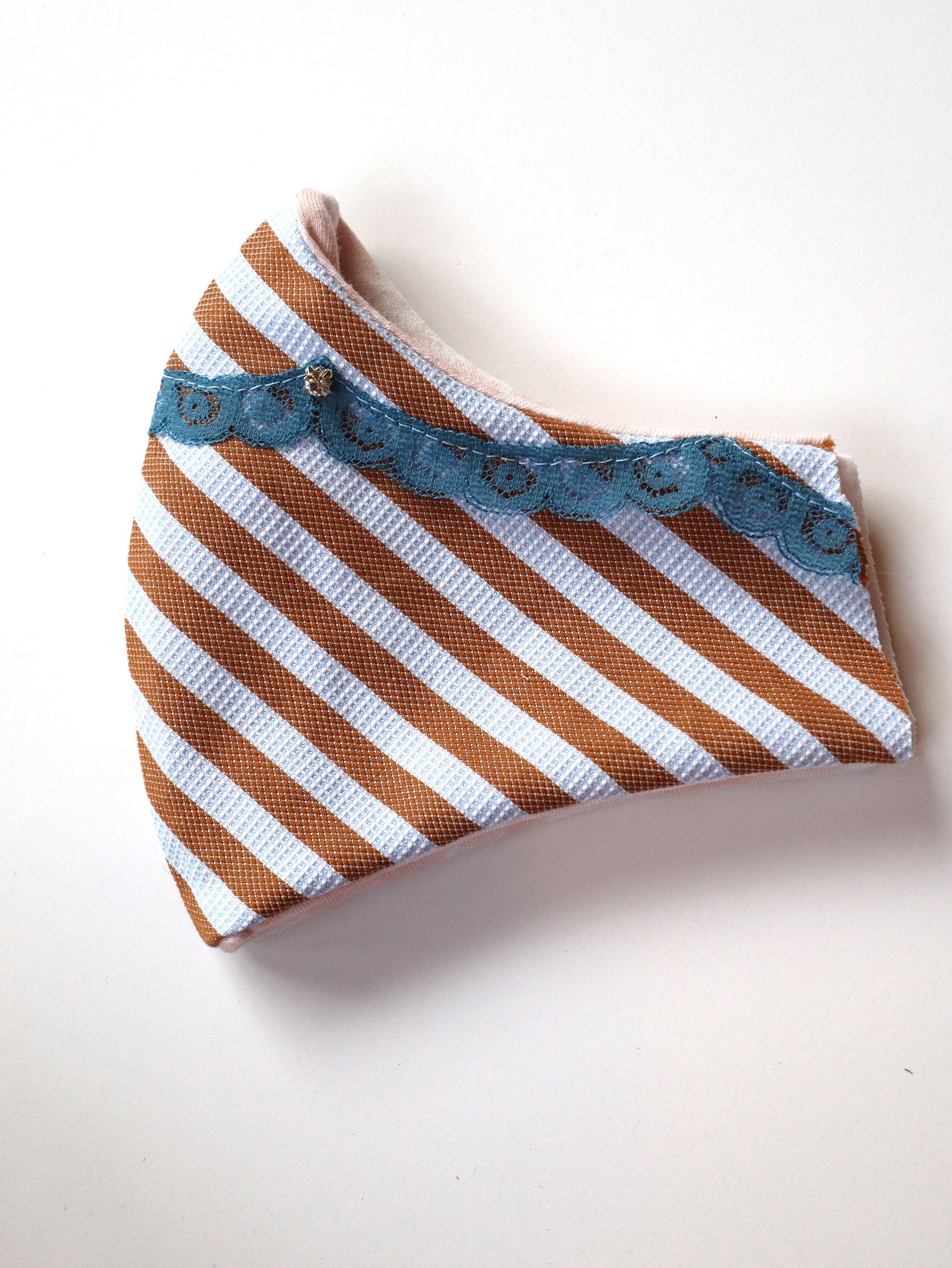 Reversible Striped Mask w/Vintage Lace Trim & Rhinestones - Blue/Taupe