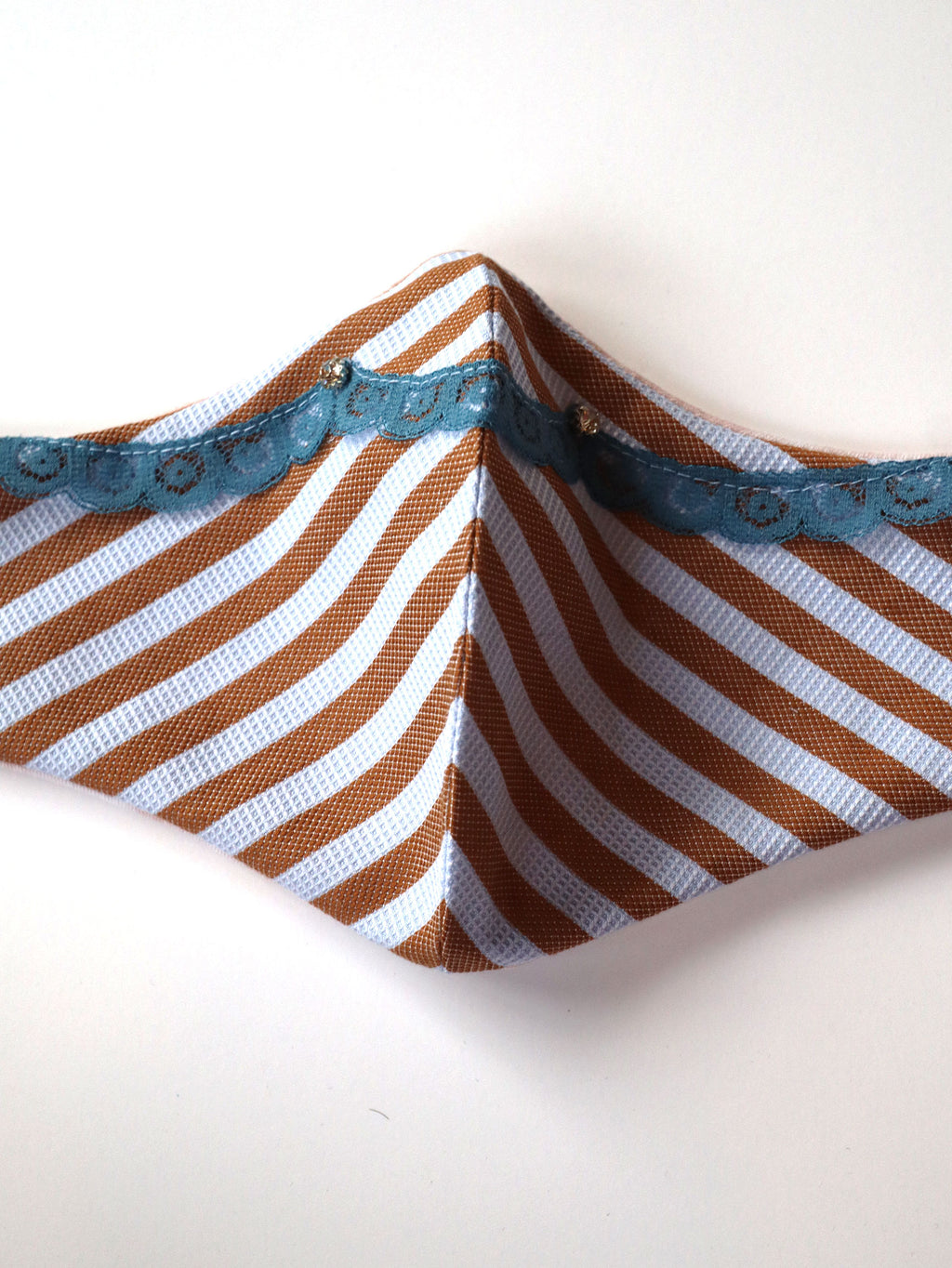 Reversible Striped Mask w/Vintage Lace Trim & Rhinestones - Blue/Taupe