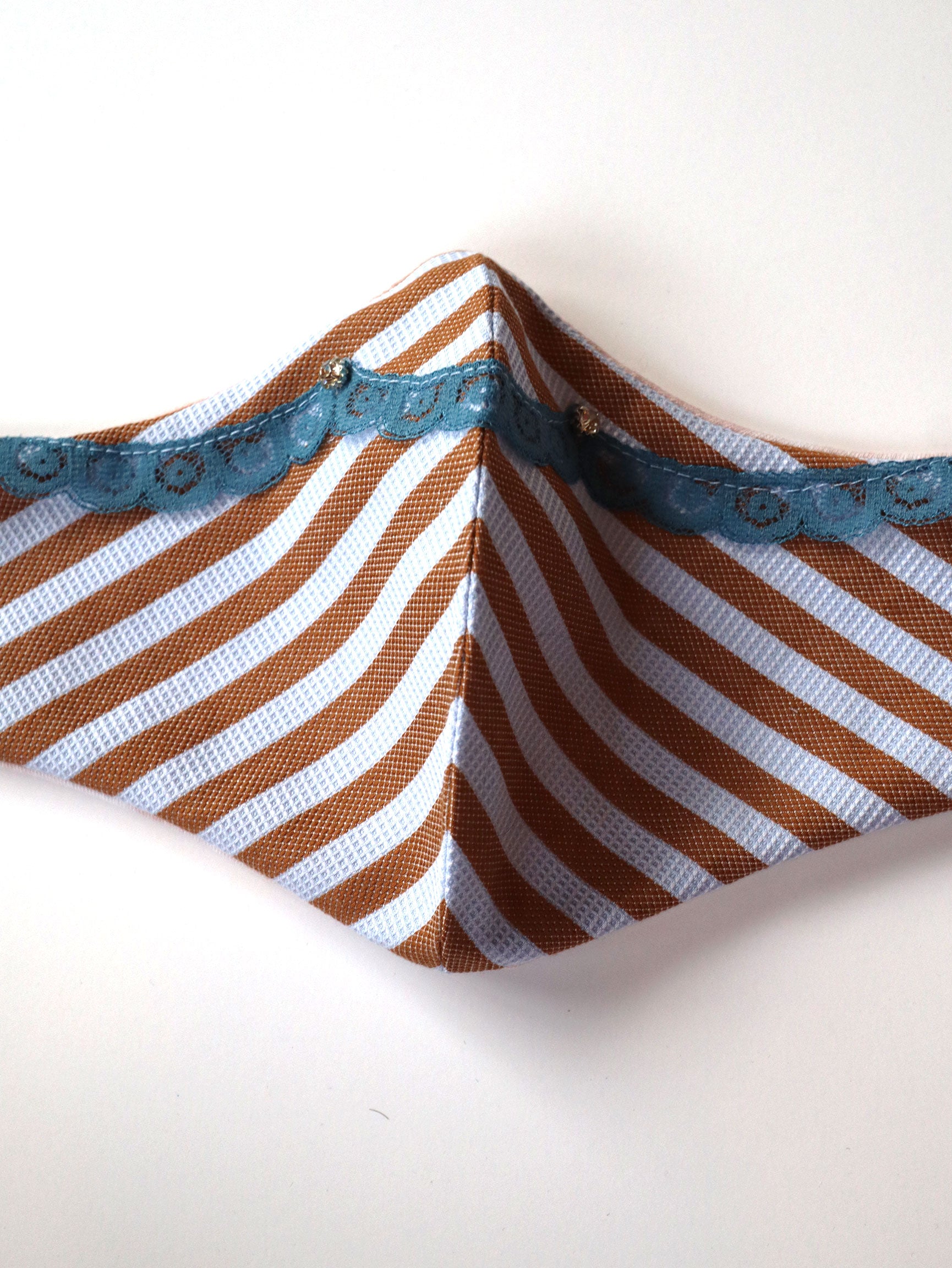 Reversible Striped Mask w/Vintage Lace Trim & Rhinestones - Blue/Taupe