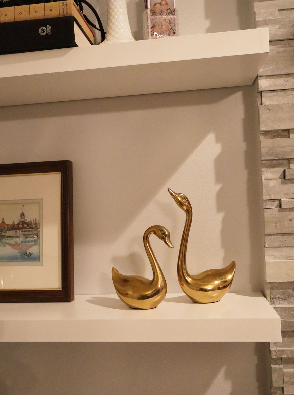 Vintage 60s Mid-century Pair of Brass Swans