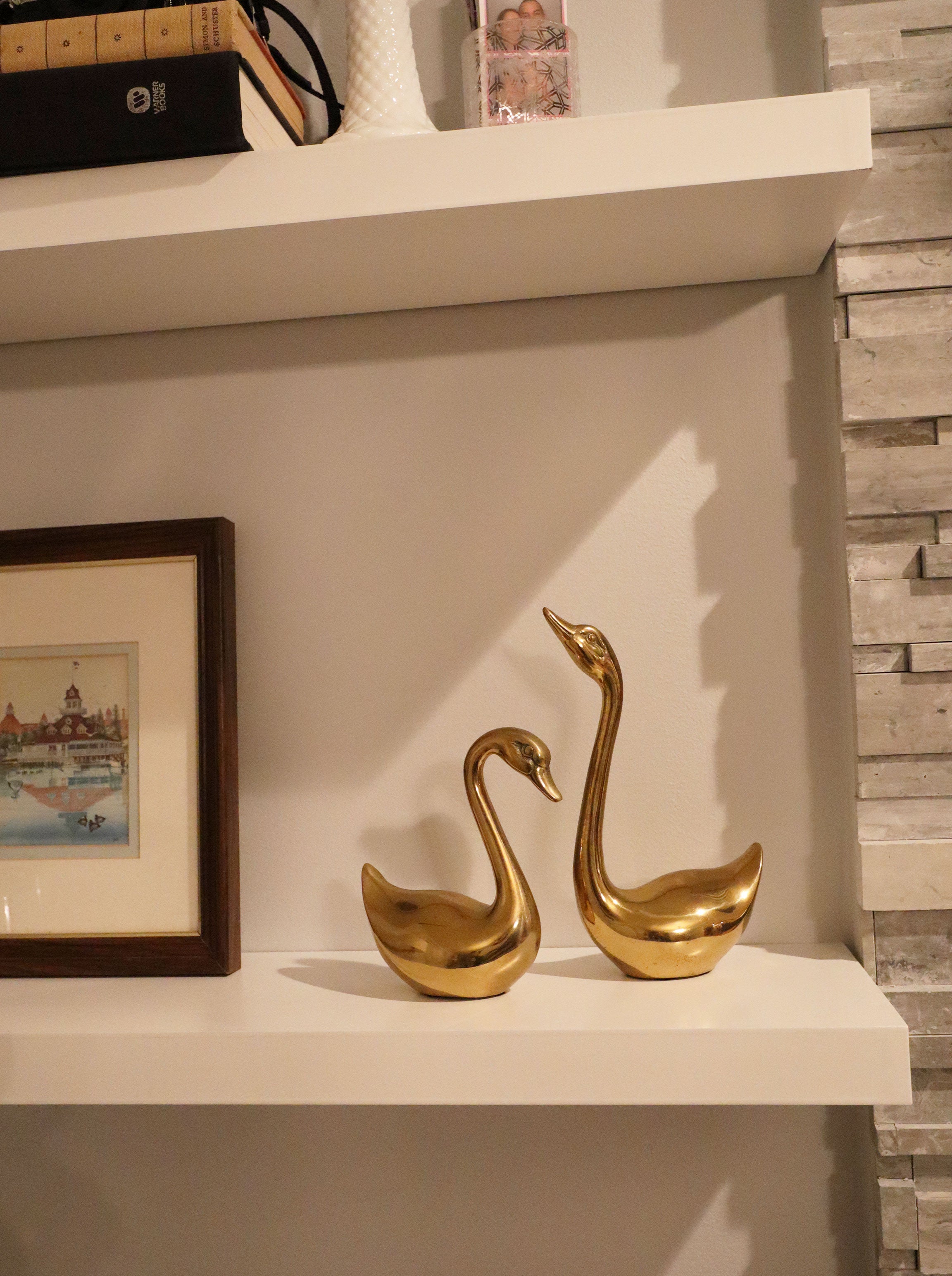 Vintage 60s Mid-century Pair of Brass Swans