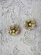 Vintage Gold & Pearl Clip-On Layered Flower Earrings