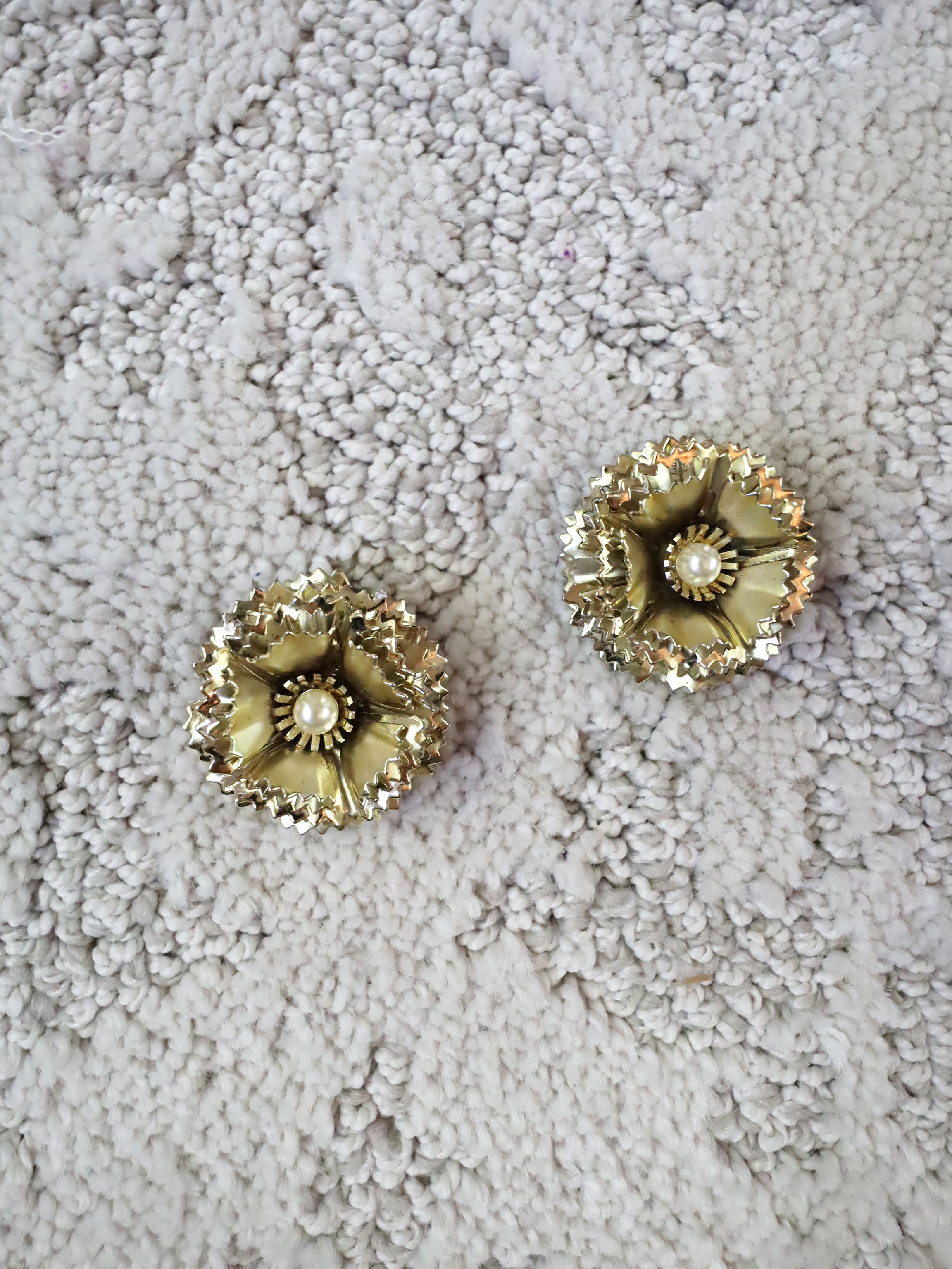 Vintage Gold & Pearl Clip-On Layered Flower Earrings