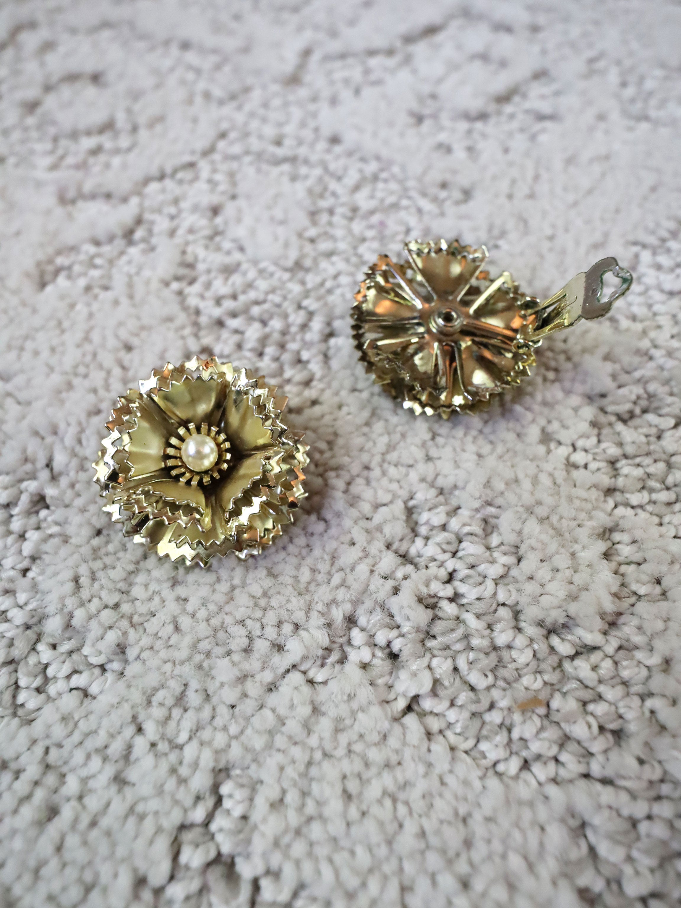 Vintage Gold & Pearl Clip-On Layered Flower Earrings