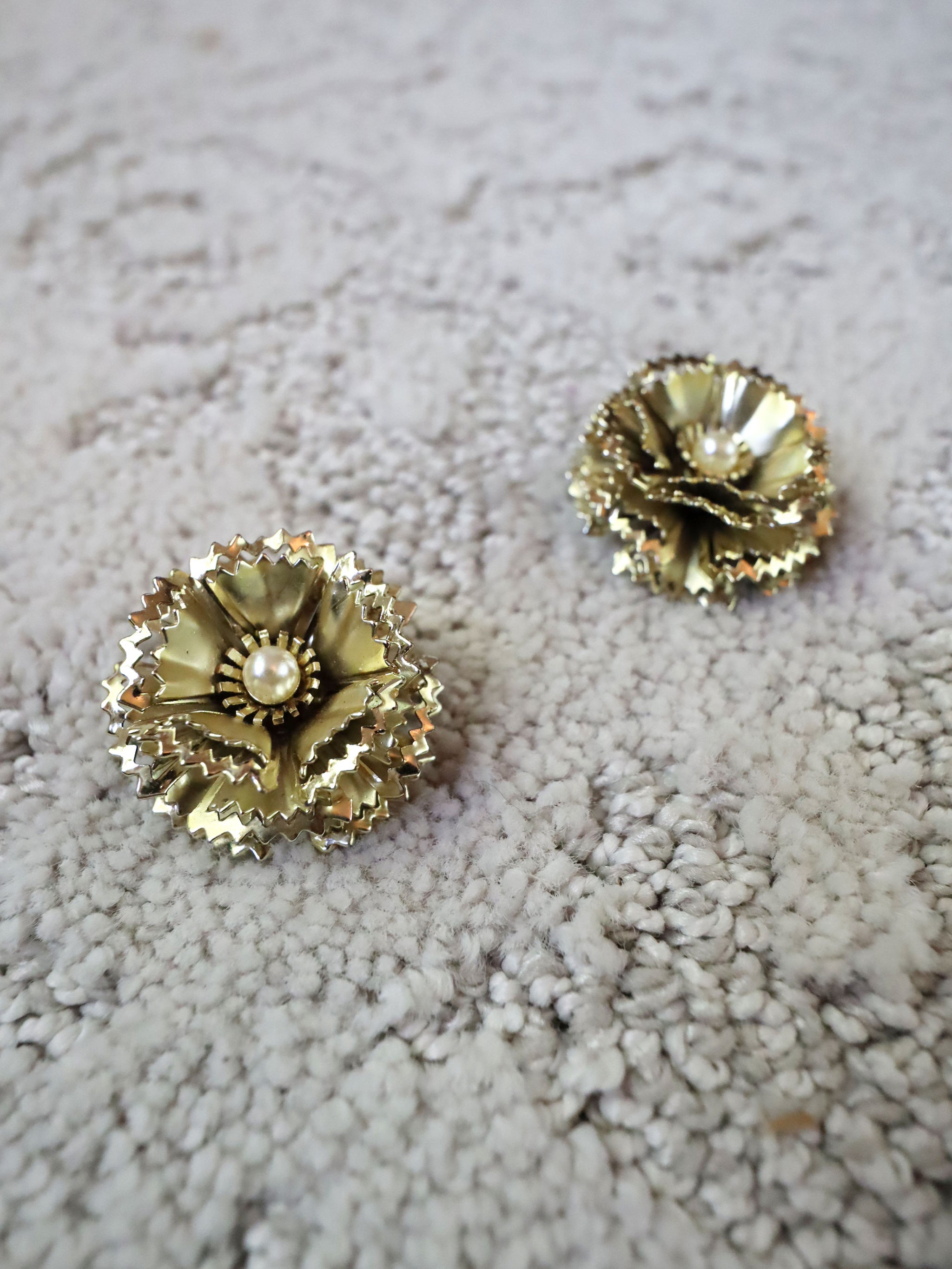 Vintage Gold & Pearl Clip-On Layered Flower Earrings