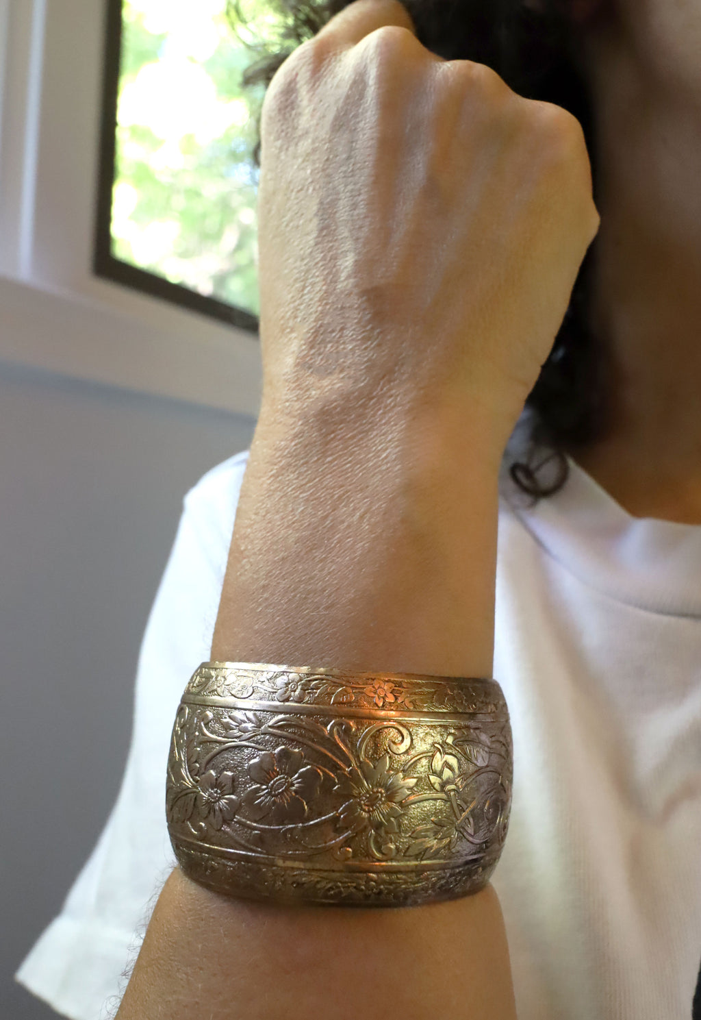 Vintage Wide Silver Etched Cuff Bracelet