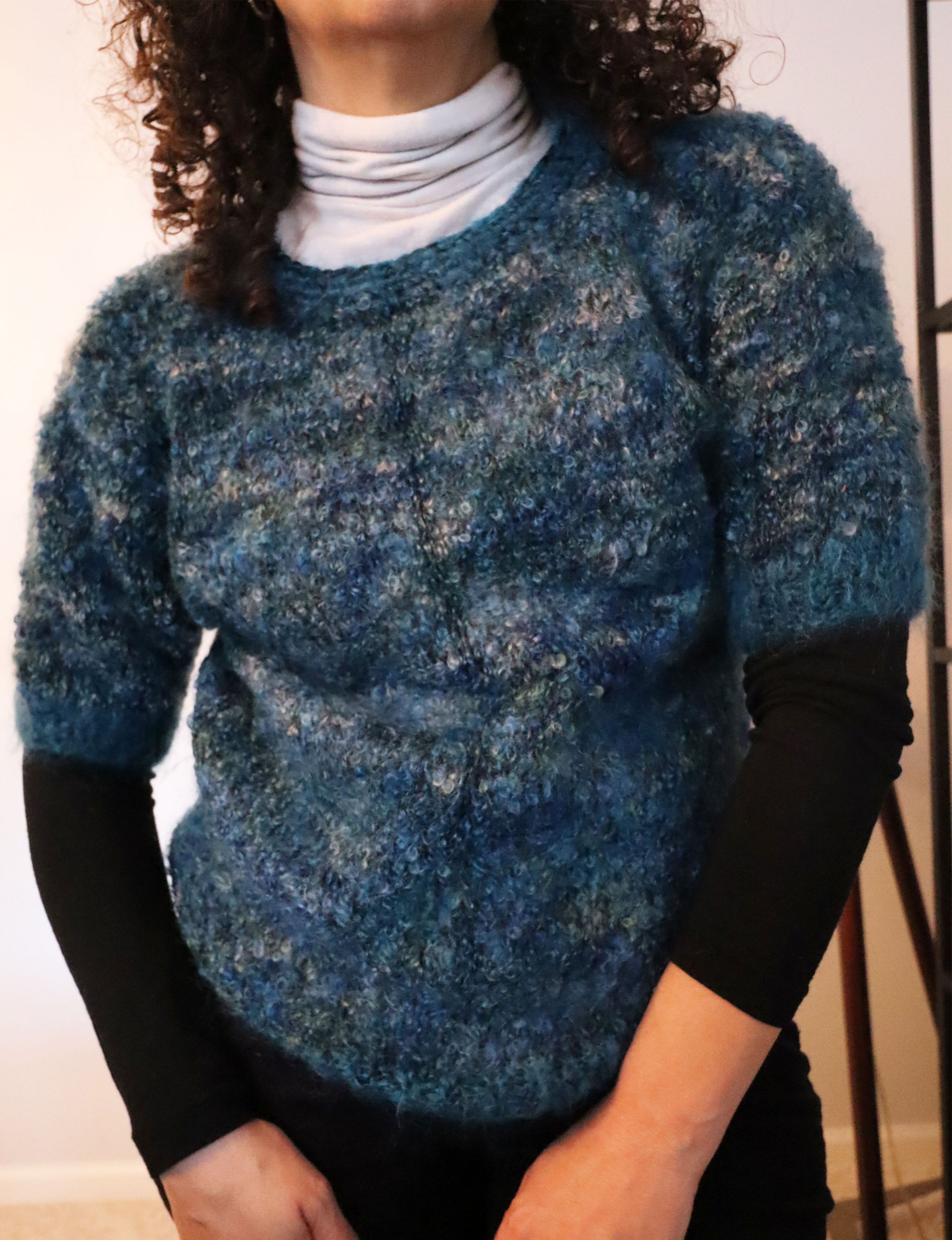 Vintage Handmade Knitted Short Sleeve Sweater - Teal/Grey Multi