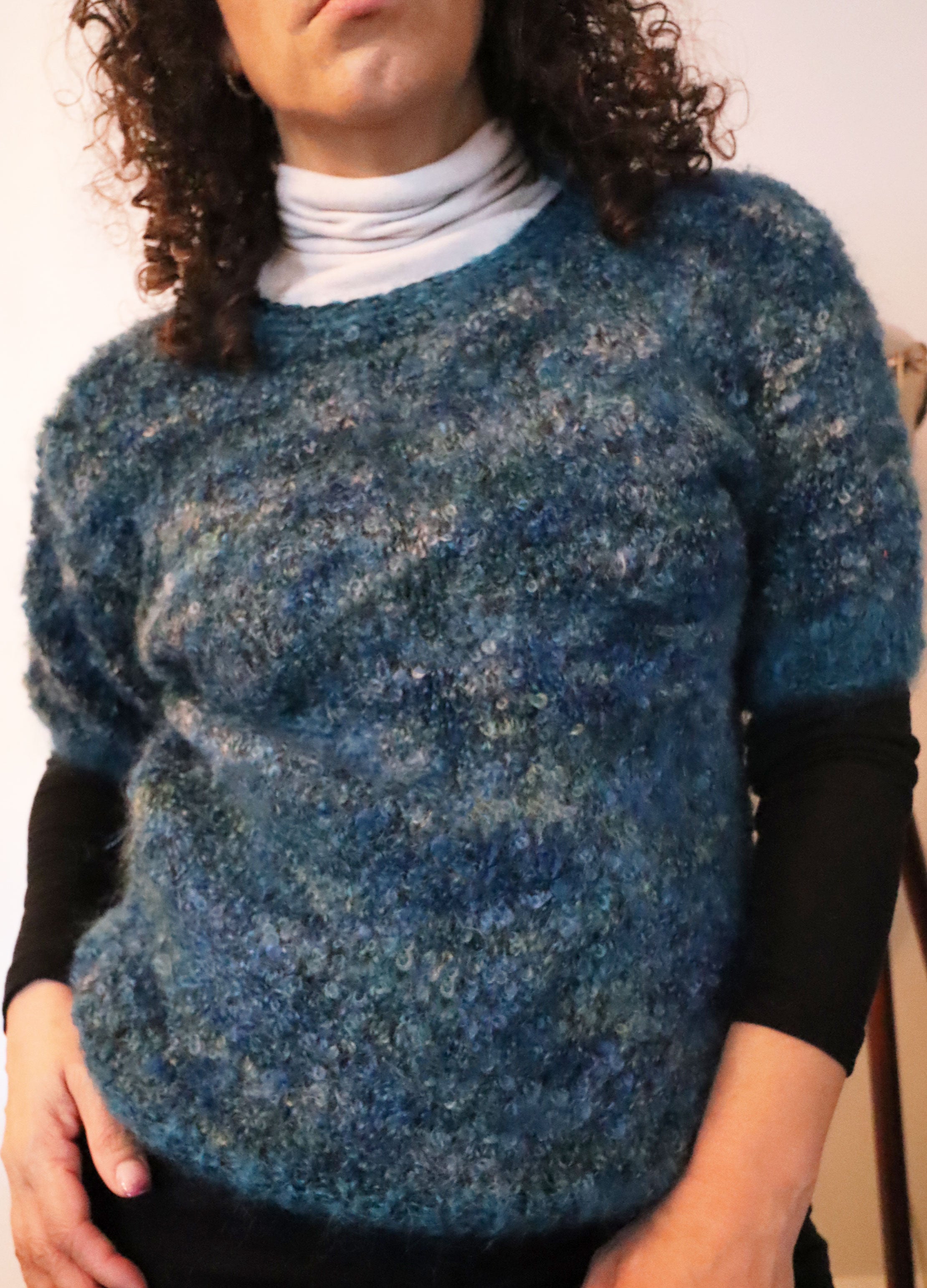 Vintage Handmade Knitted Short Sleeve Sweater - Teal/Grey Multi