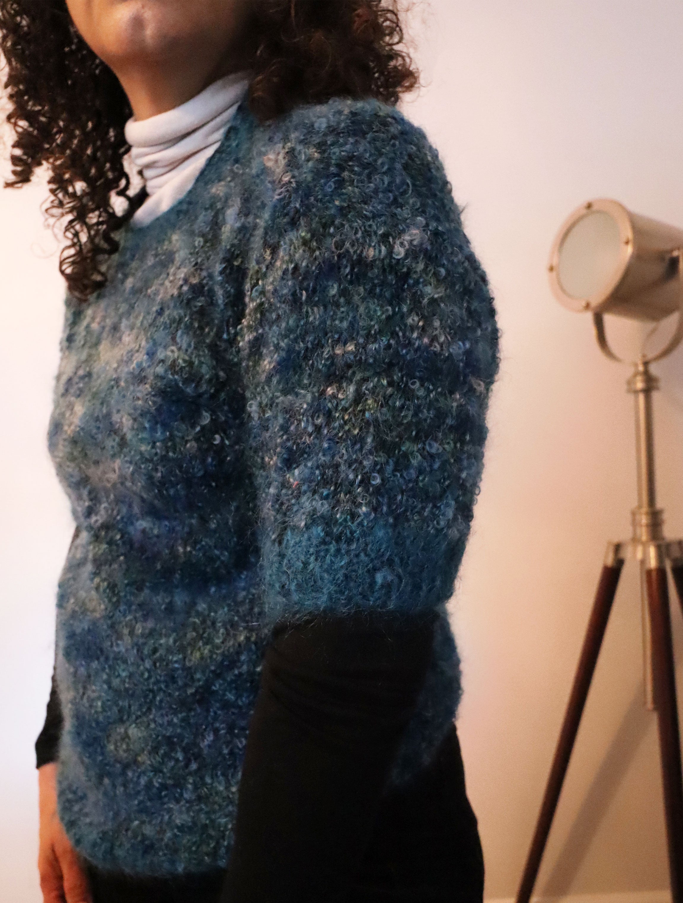 Vintage Handmade Knitted Short Sleeve Sweater - Teal/Grey Multi