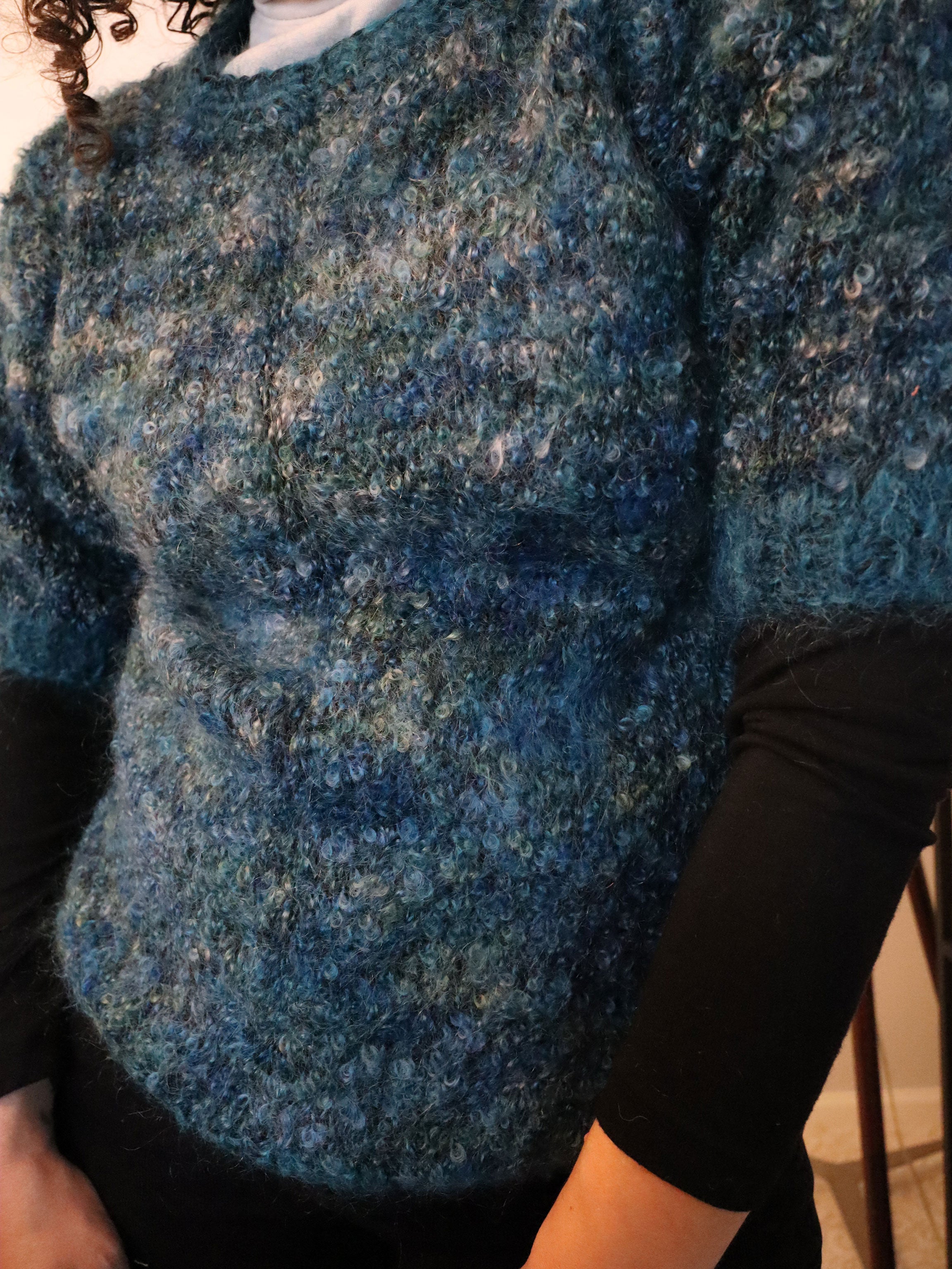 Vintage Handmade Knitted Short Sleeve Sweater - Teal/Grey Multi