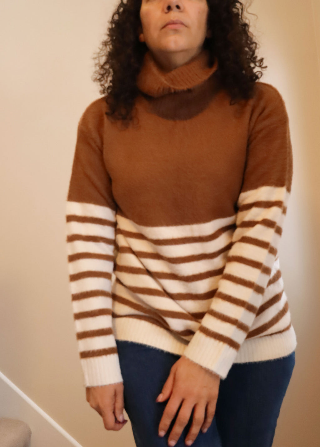 Staccato Brand Mocha/Cream Striped Super Soft Turtleneck Sweater