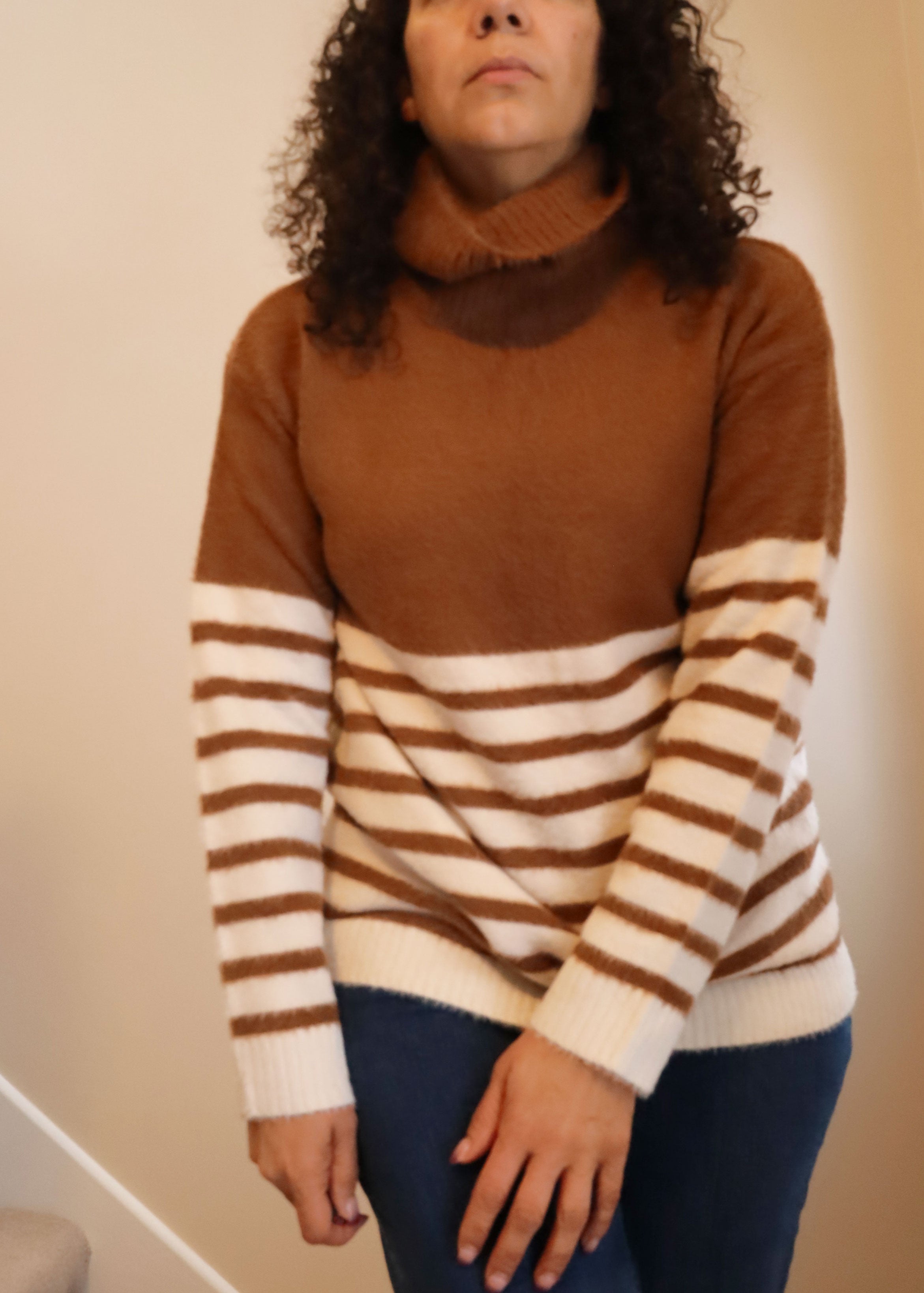 Staccato Brand Mocha/Cream Striped Super Soft Turtleneck Sweater