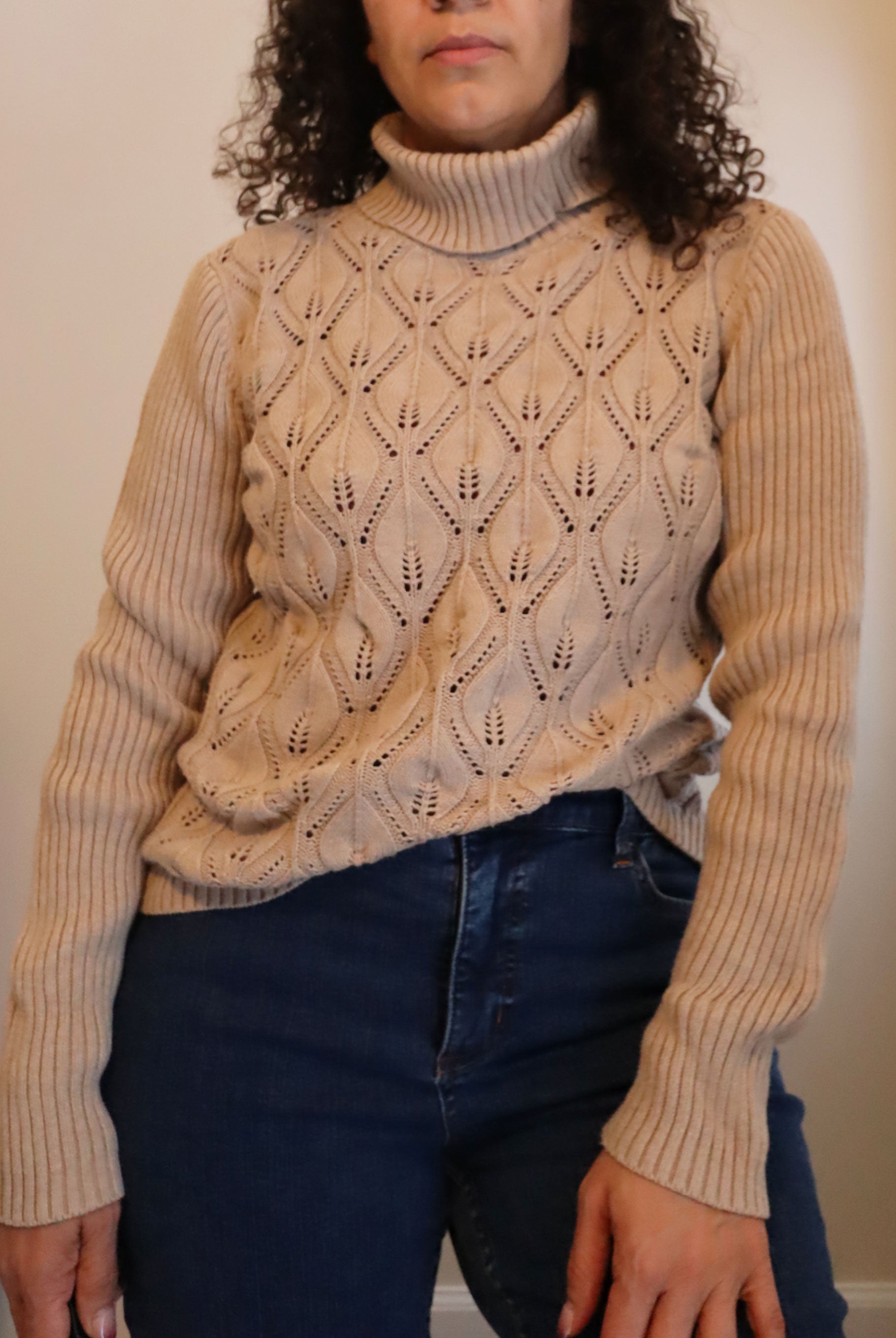 Vintage Liz Claiborne Tan Open Weave Turtleneck Sweater