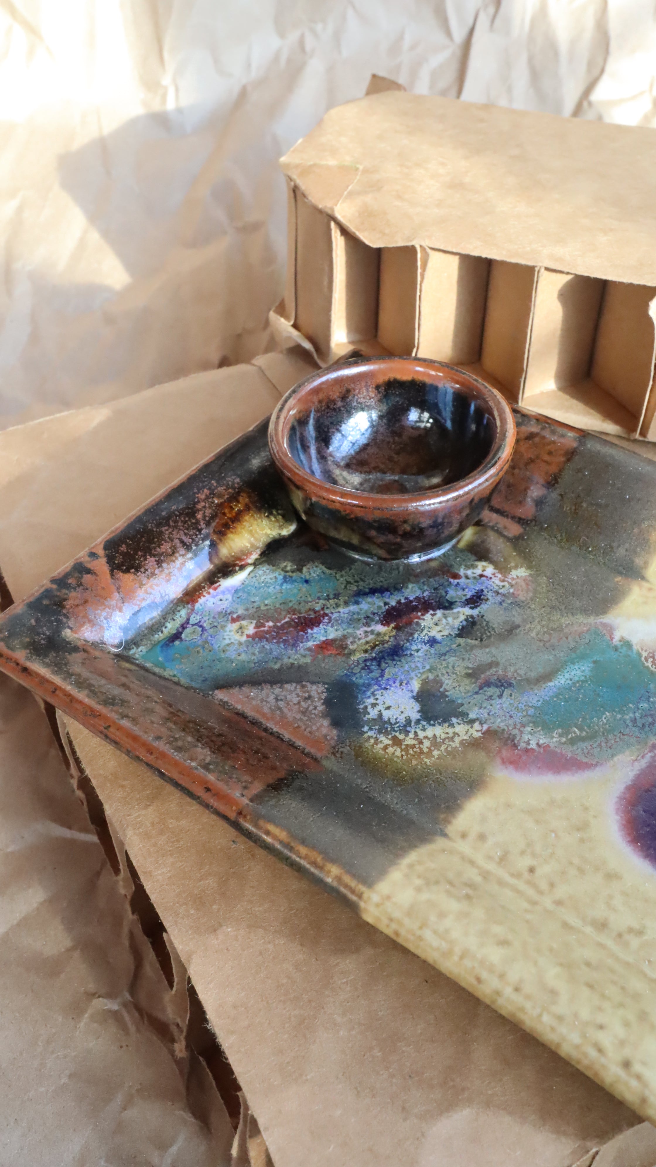 1970s Artist Signed Studio Pottery - Rectangle Platter w/Attached Dip Bowl