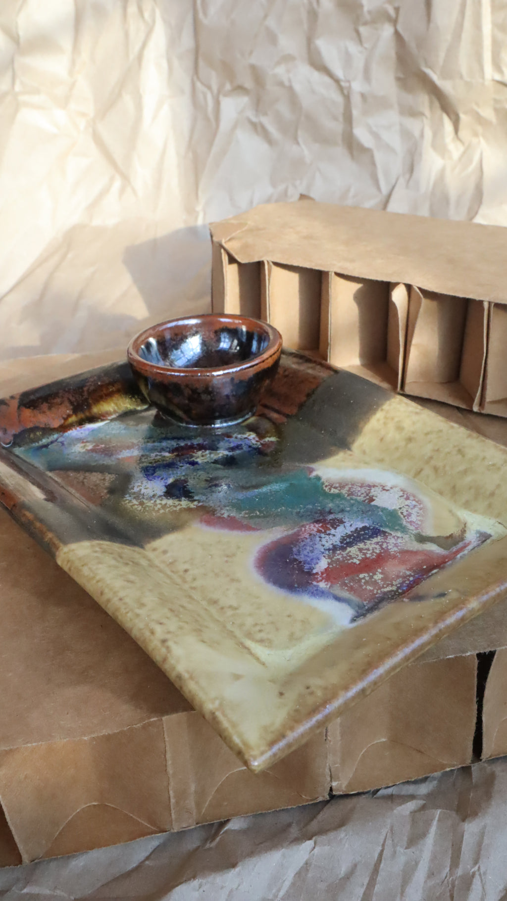 1970s Artist Signed Studio Pottery - Rectangle Platter w/Attached Dip Bowl