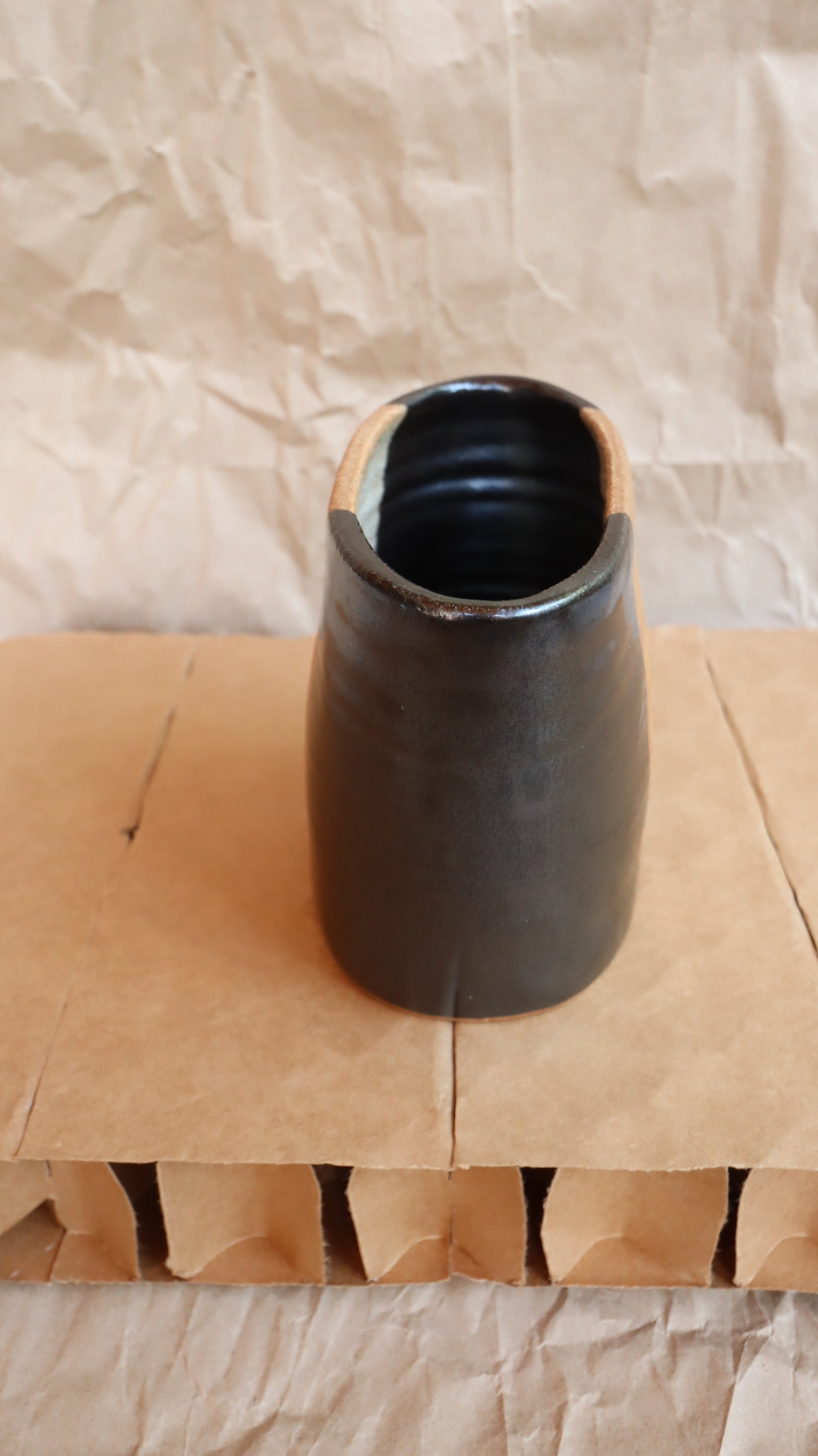 Unique Unsigned Studio Pottery Large Oblong 2-Toned Vase