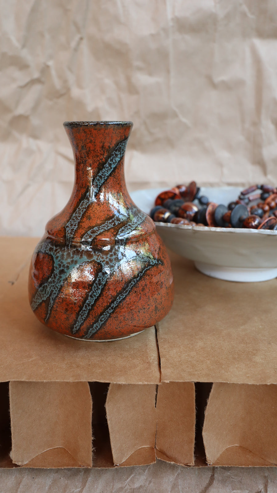 Vintage Small Burnt Red & Teal Unsigned Studio Vase