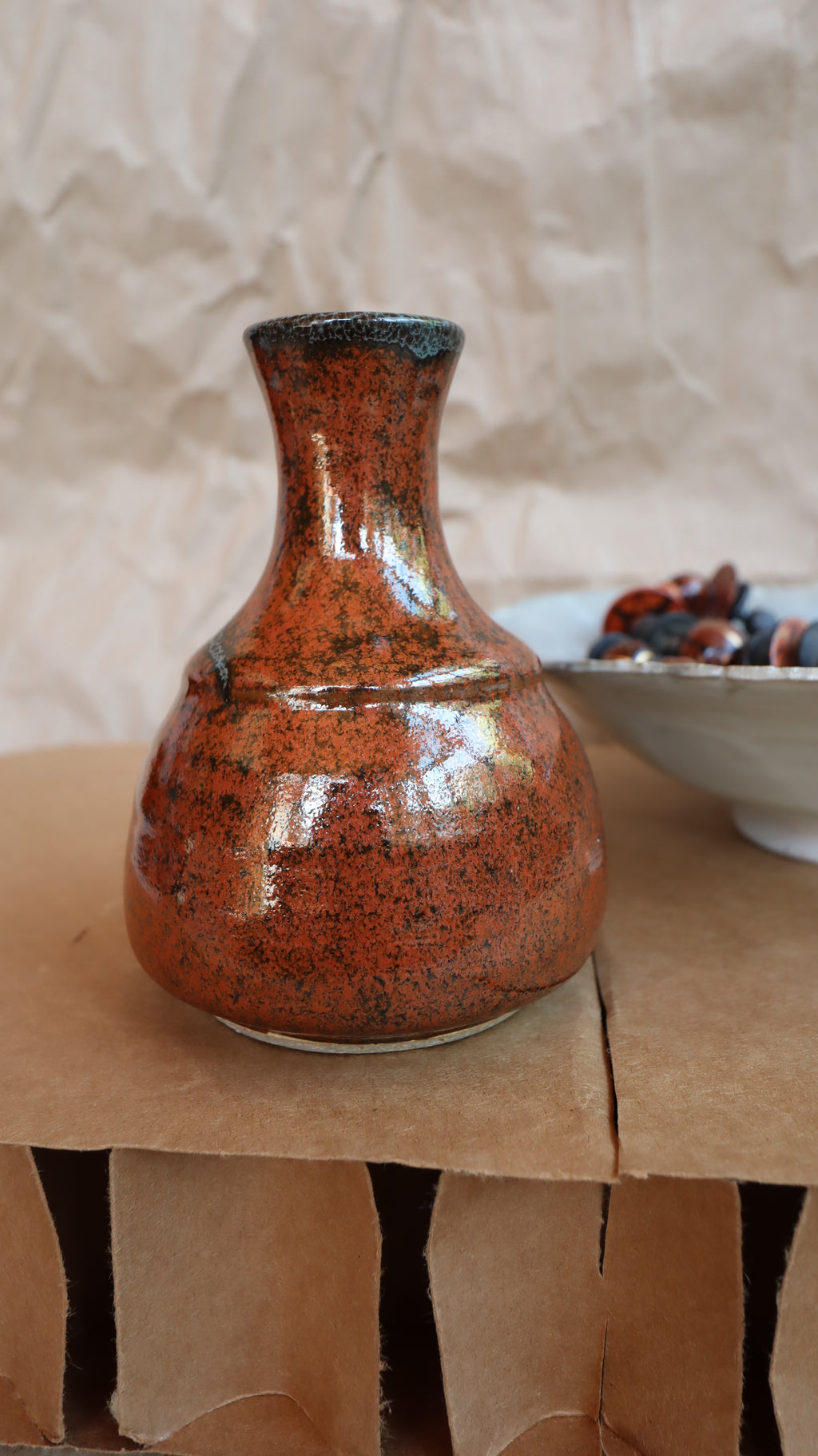 Vintage Small Burnt Red & Teal Unsigned Studio Vase