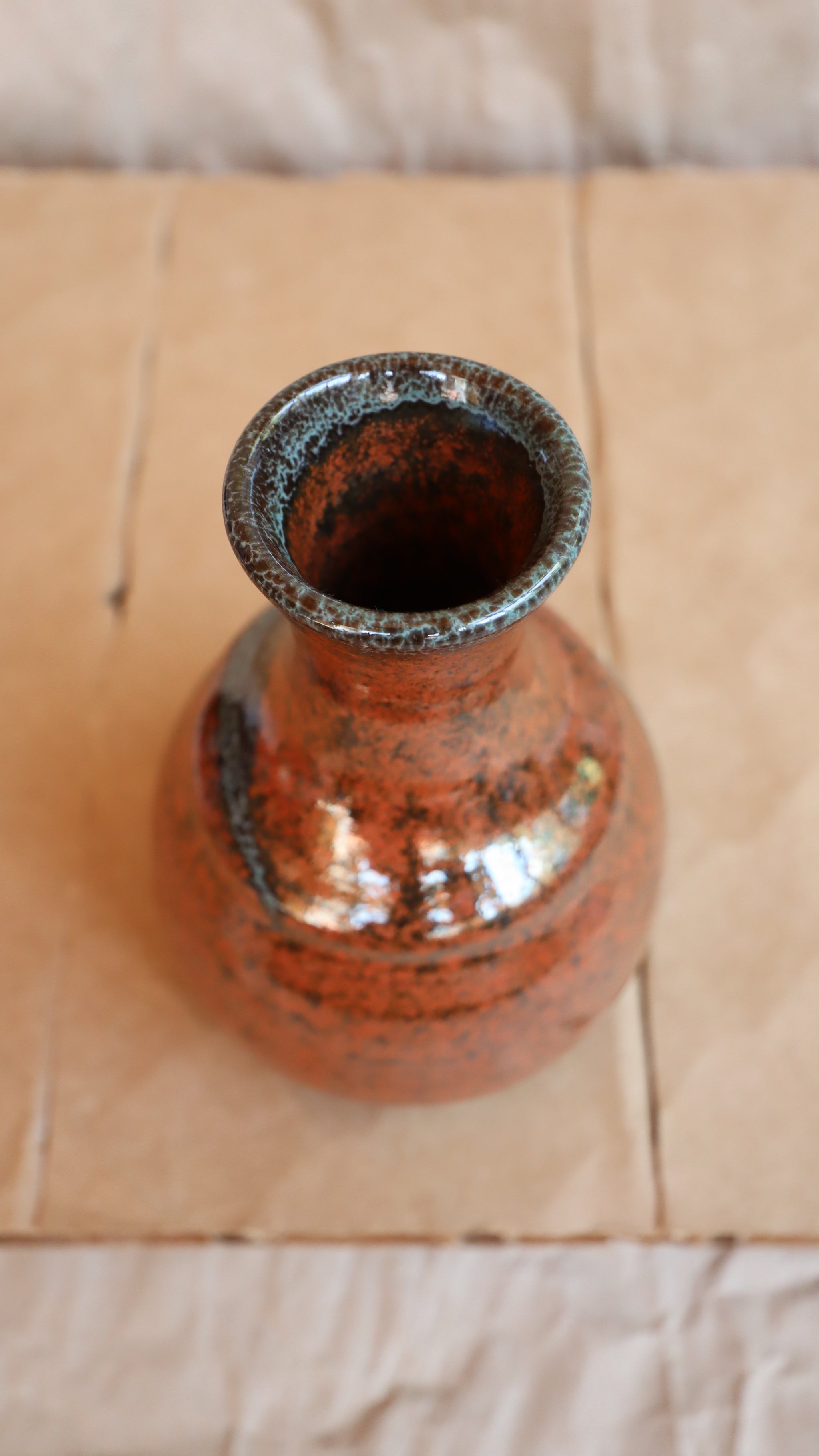 Vintage Small Burnt Red & Teal Unsigned Studio Vase