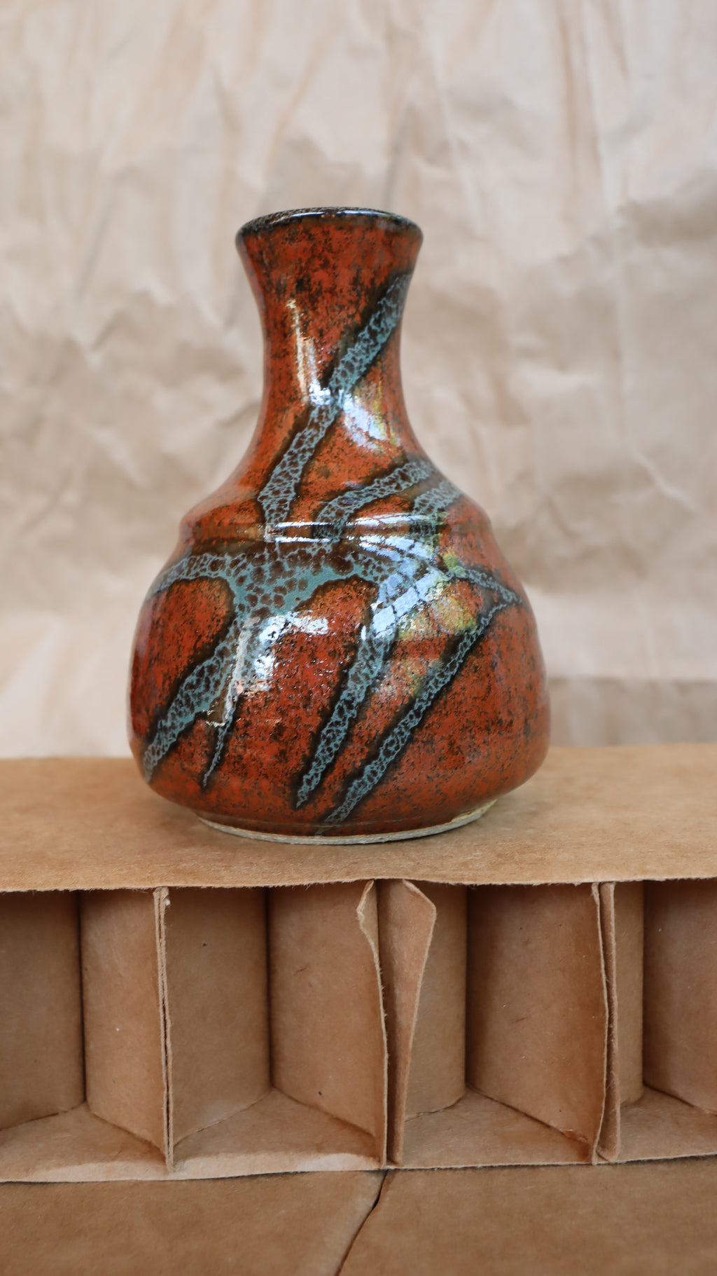 Vintage Small Burnt Red & Teal Unsigned Studio Vase