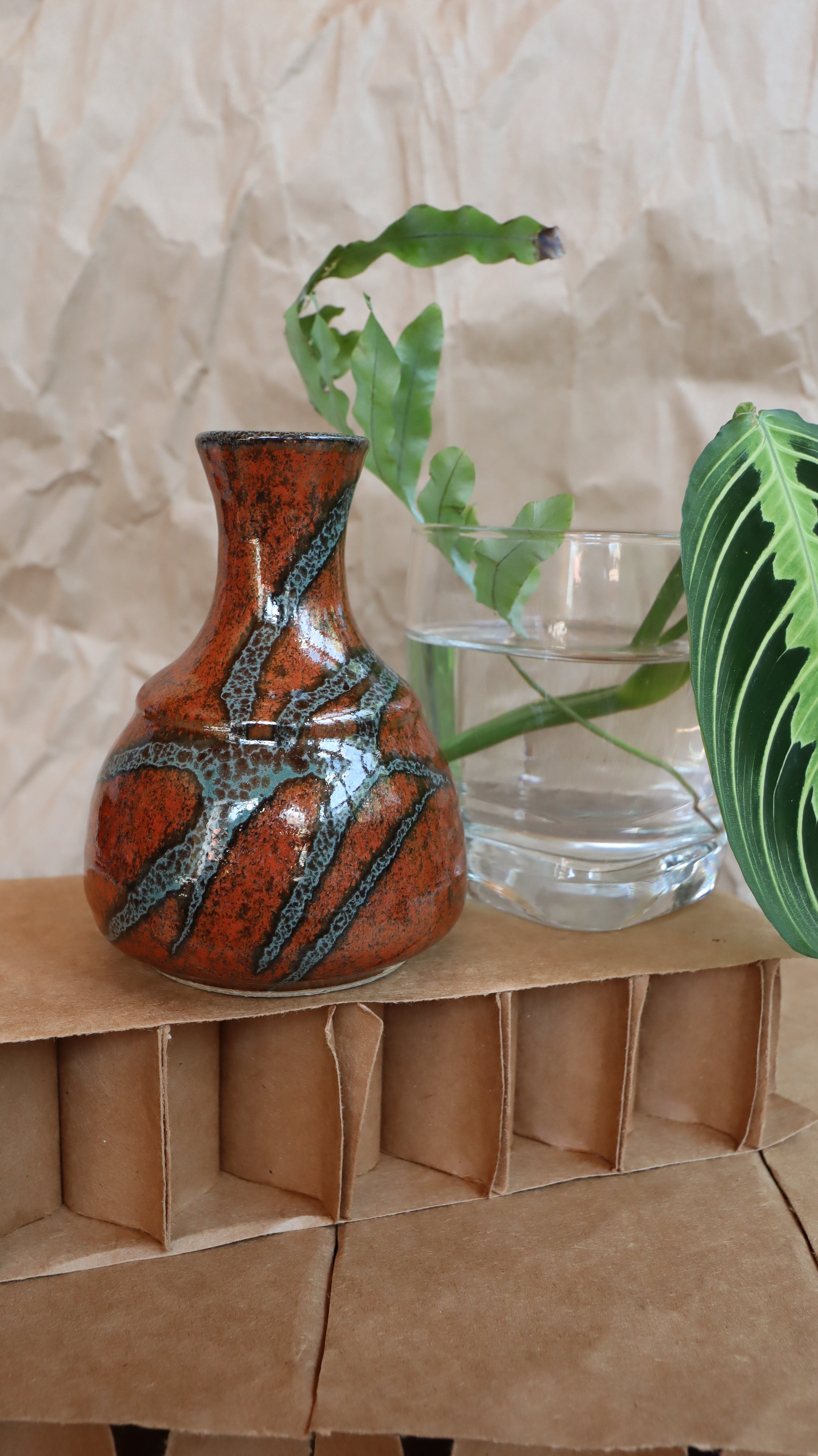 Vintage Small Burnt Red & Teal Unsigned Studio Vase