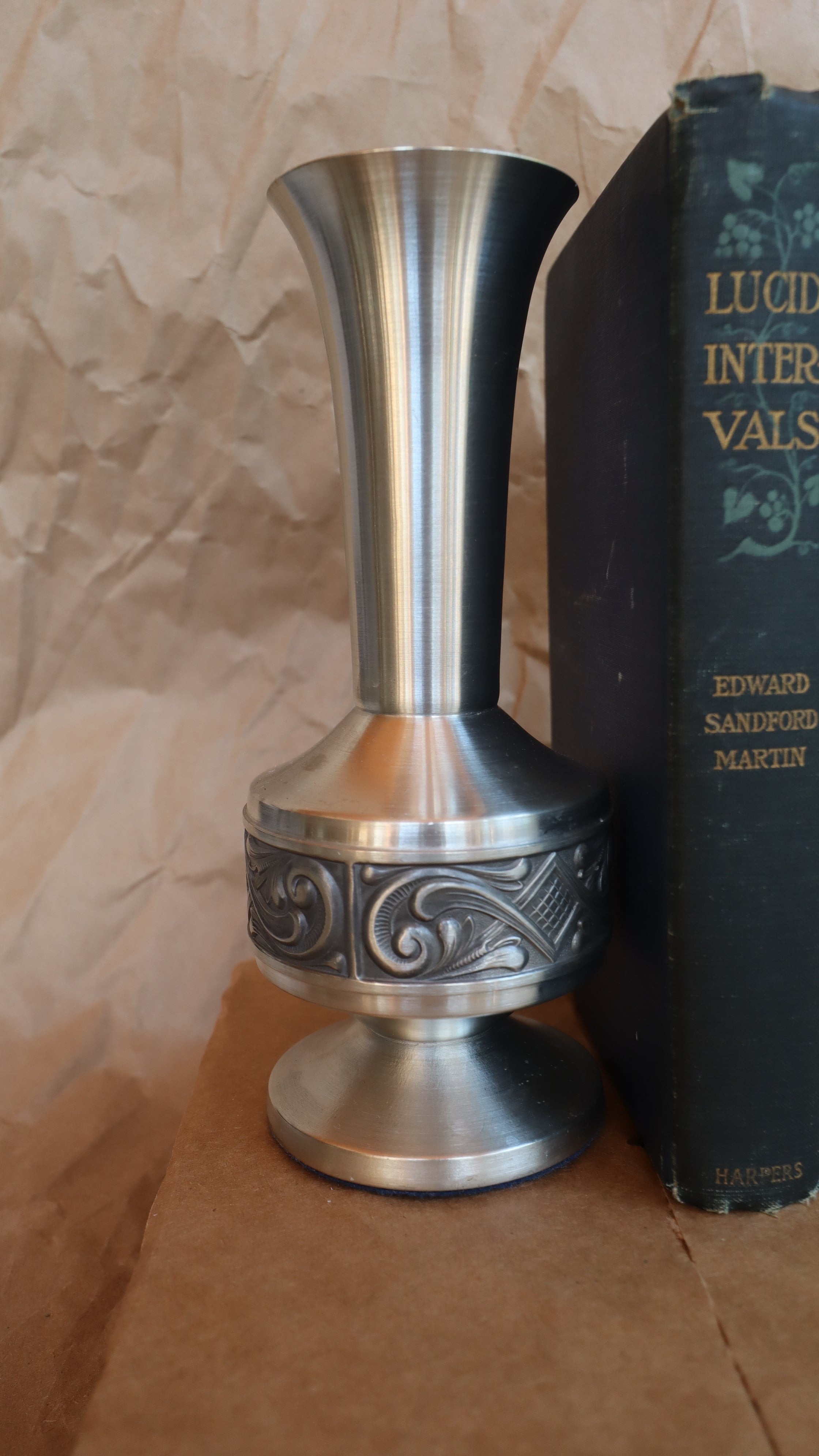 Vintage MCM Scroll Pattern Pewter Vase