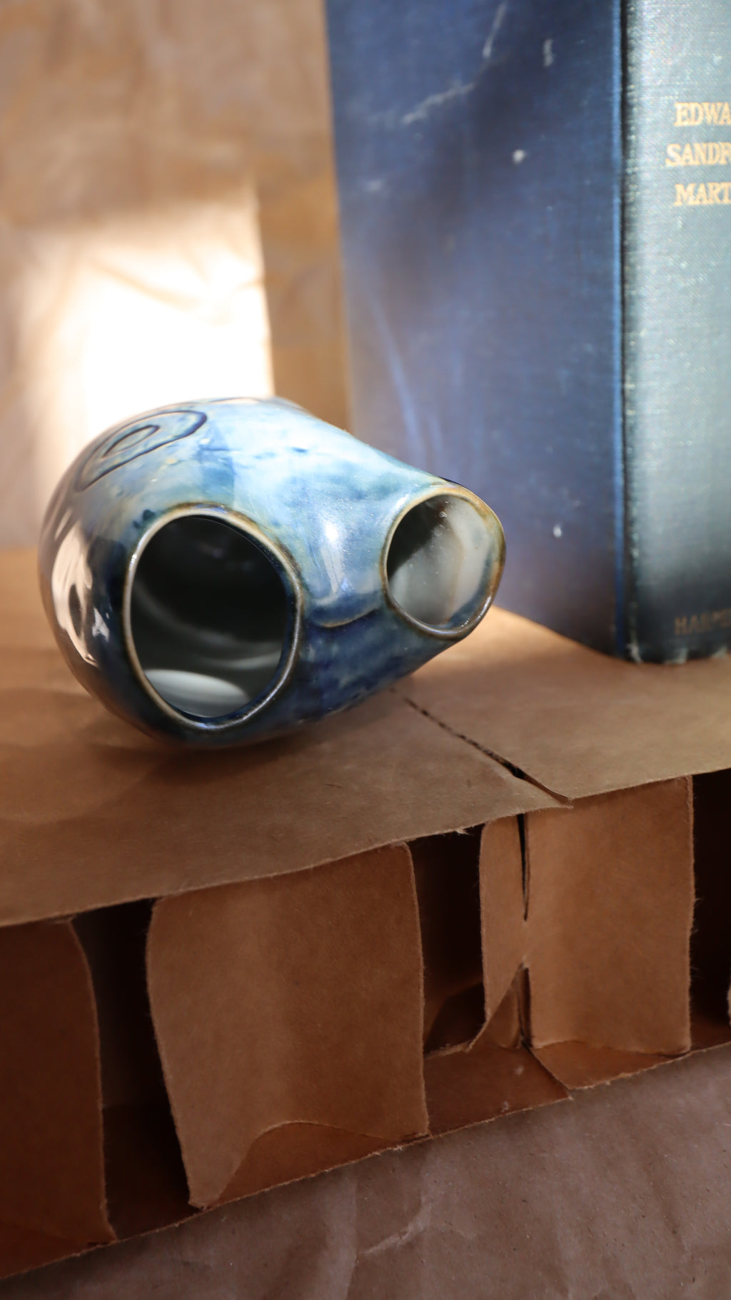 Vintage Unique Unsigned Studio Pottery Fishy Vase w/Two Flower Holes