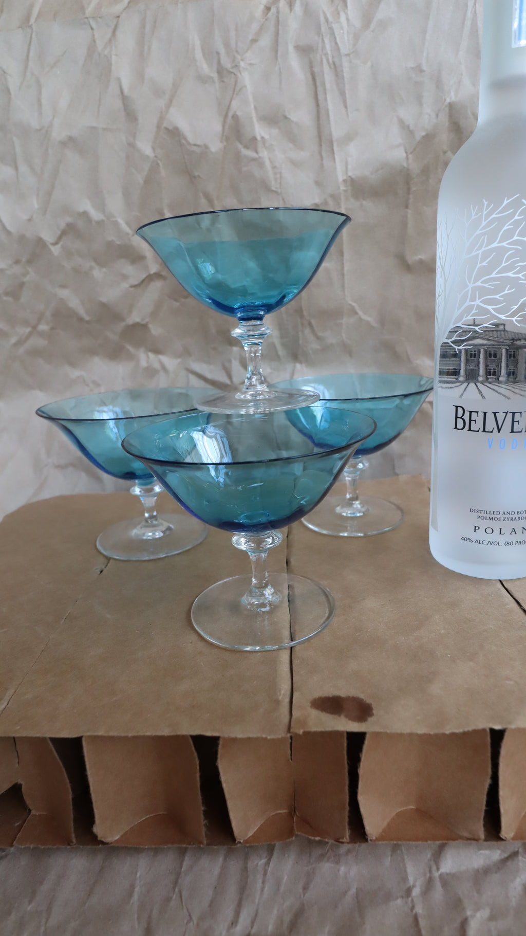 Vintage 1970s Teal/Clear Glass Cocktail/Sherbet/Dessert Glasses (Set of 4)