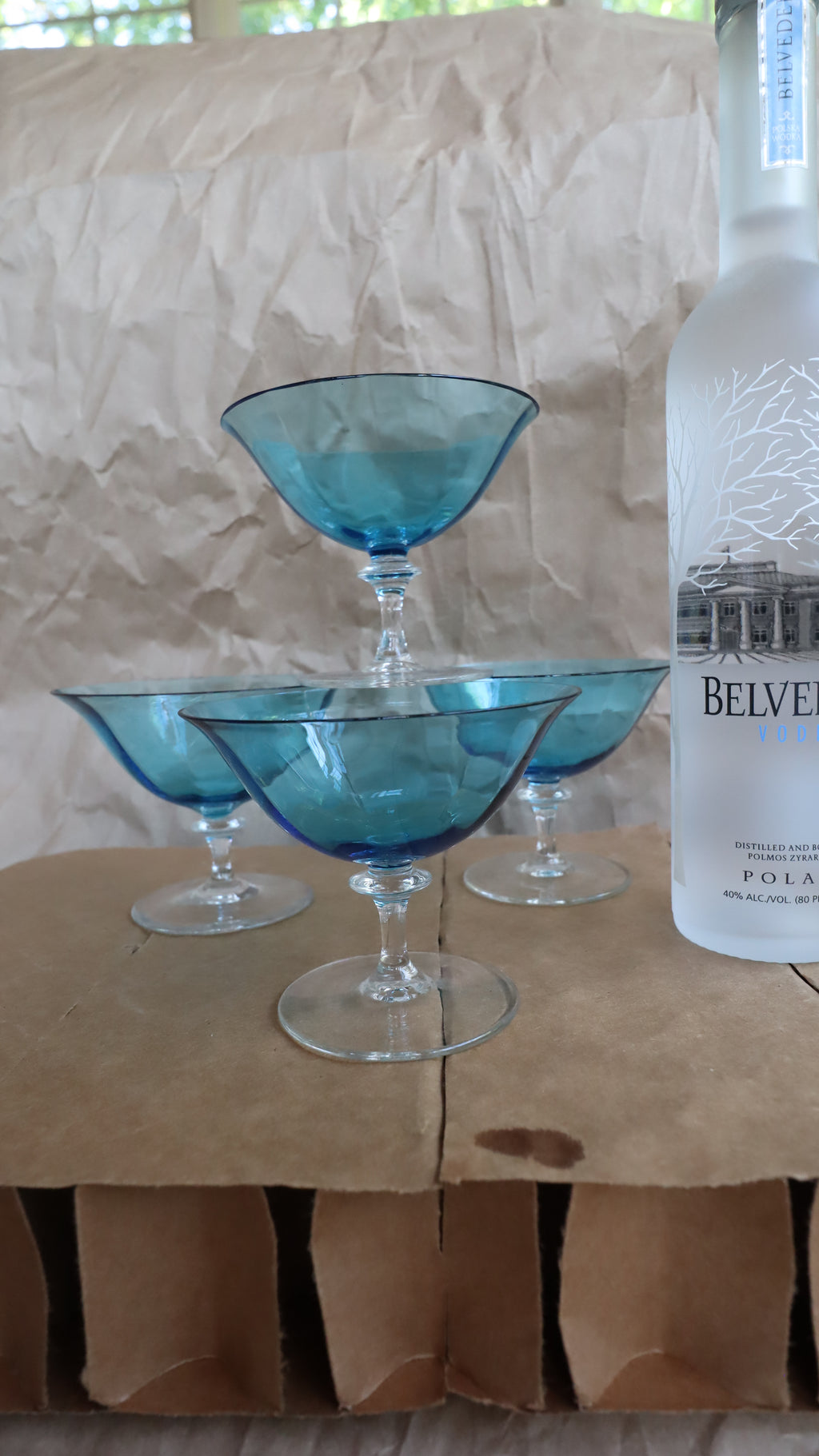 Vintage 1970s Teal/Clear Glass Cocktail/Sherbet/Dessert Glasses (Set of 4)