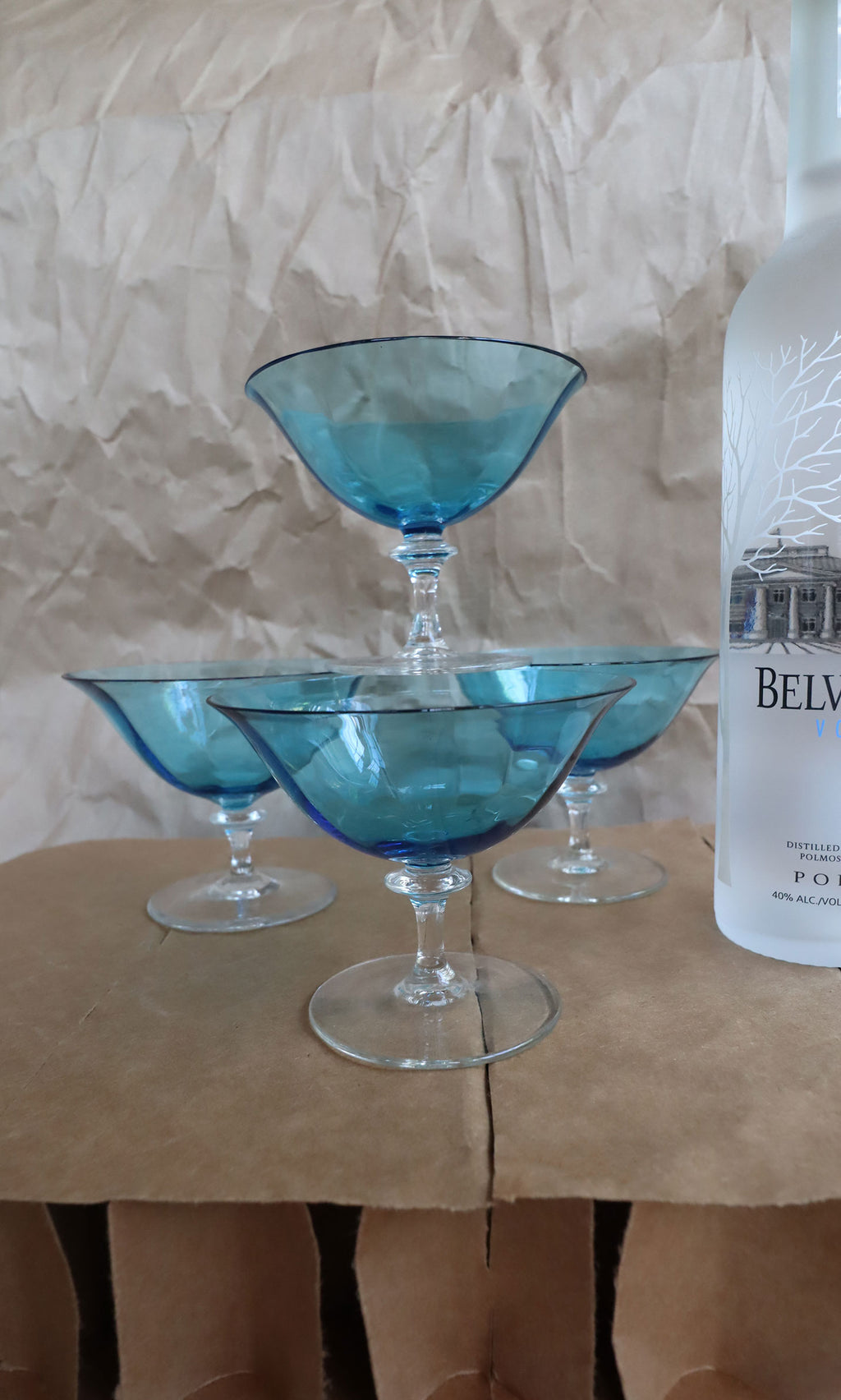 Vintage 1970s Teal/Clear Glass Cocktail/Sherbet/Dessert Glasses (Set of 4)