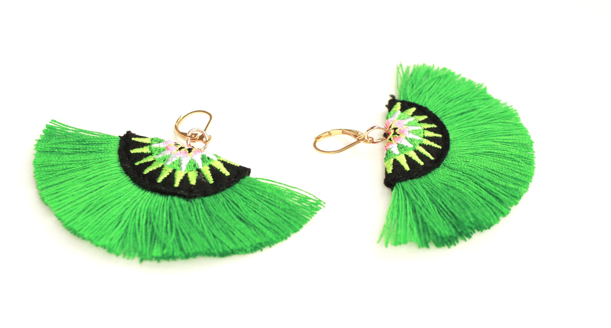 Uchiwa Embroidered Earrings - Kelly Green
