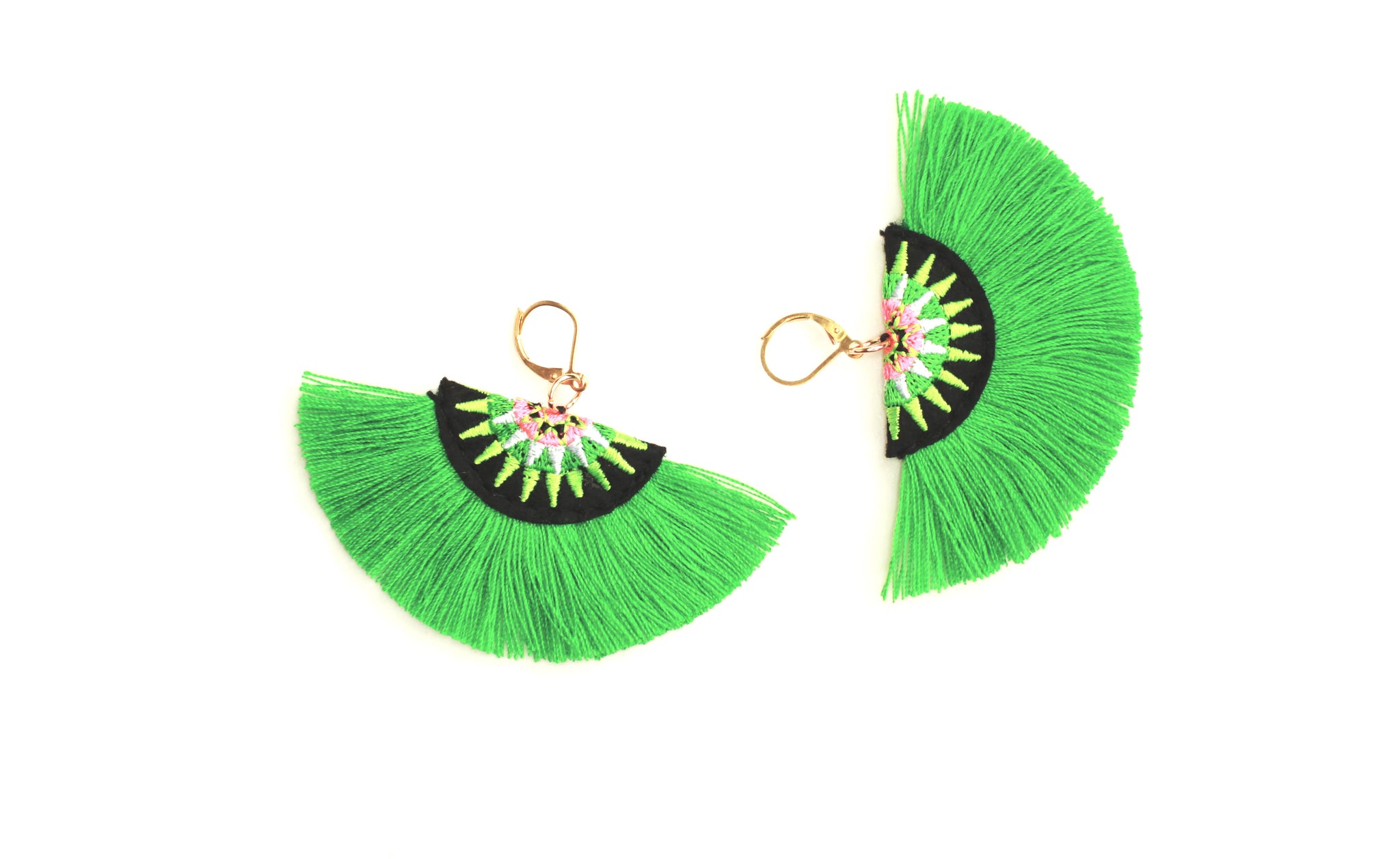Uchiwa Embroidered Earrings - Kelly Green