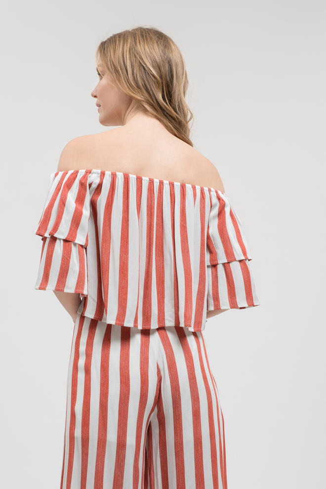 Start Me Up Coral/White Striped Ruffle Top