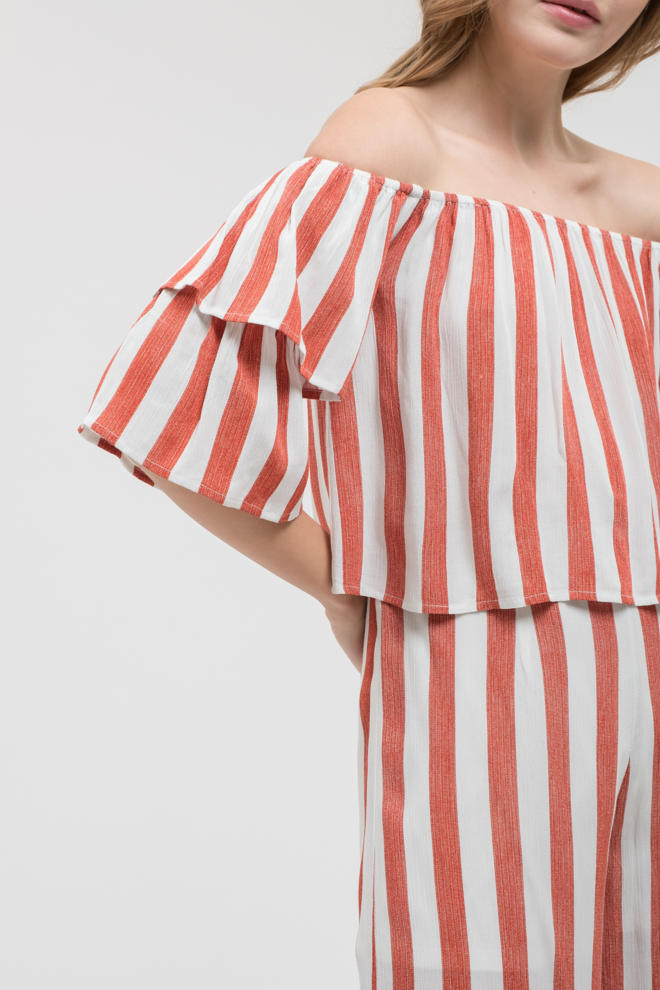 Start Me Up Coral/White Striped Ruffle Top
