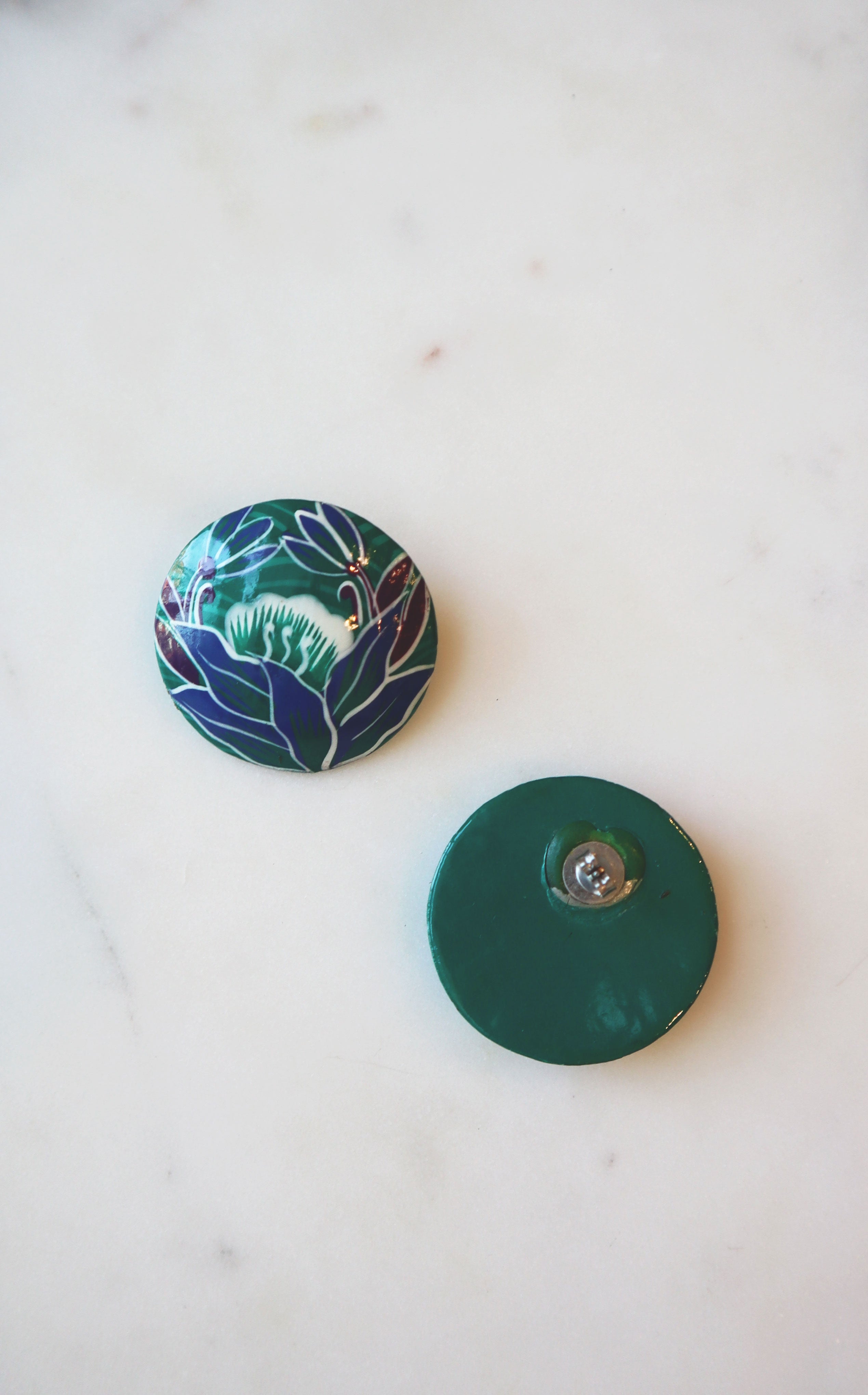 80s Teal & Blue Painted Floral Wood Dome Earrings