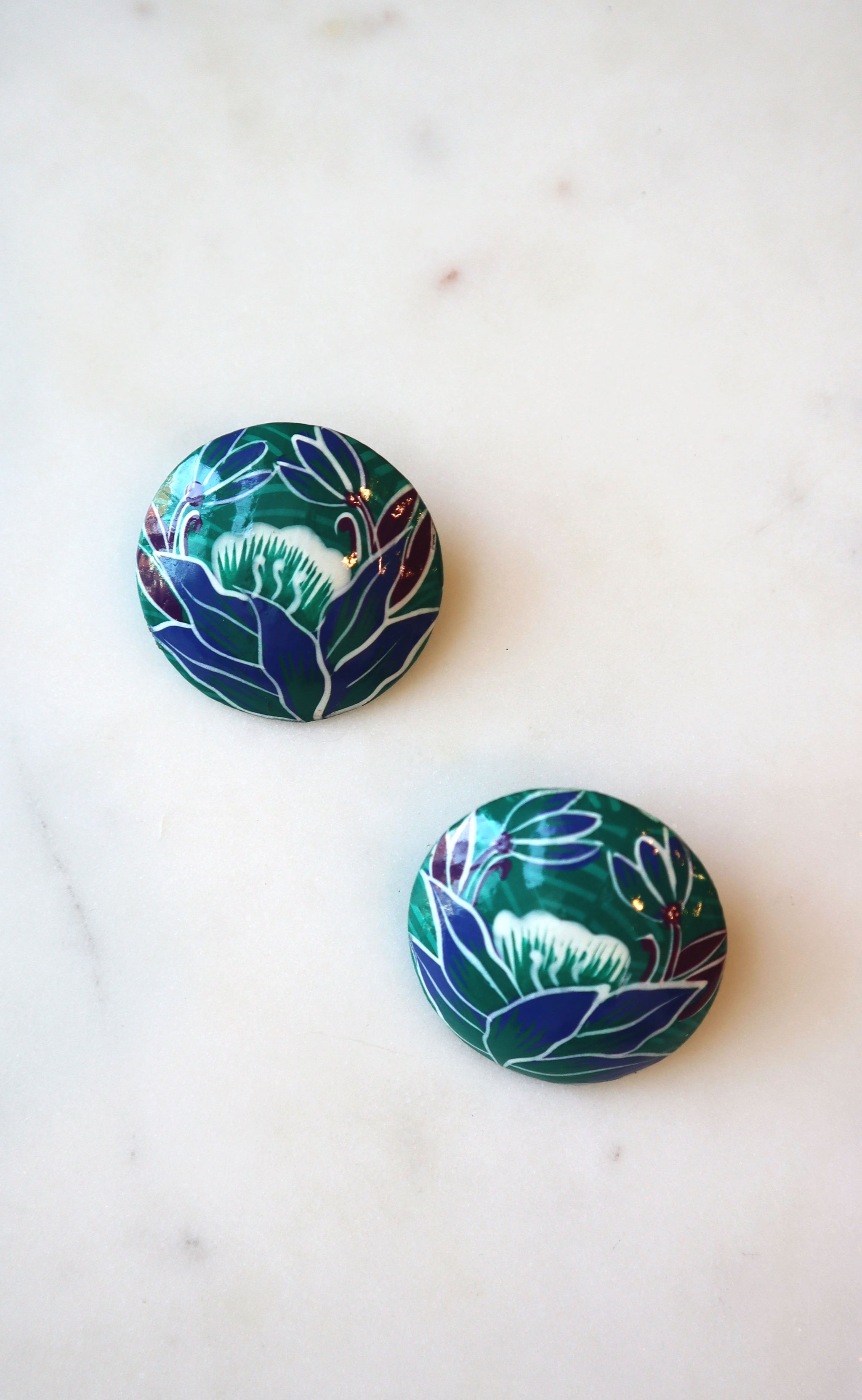 80s Teal & Blue Painted Floral Wood Dome Earrings