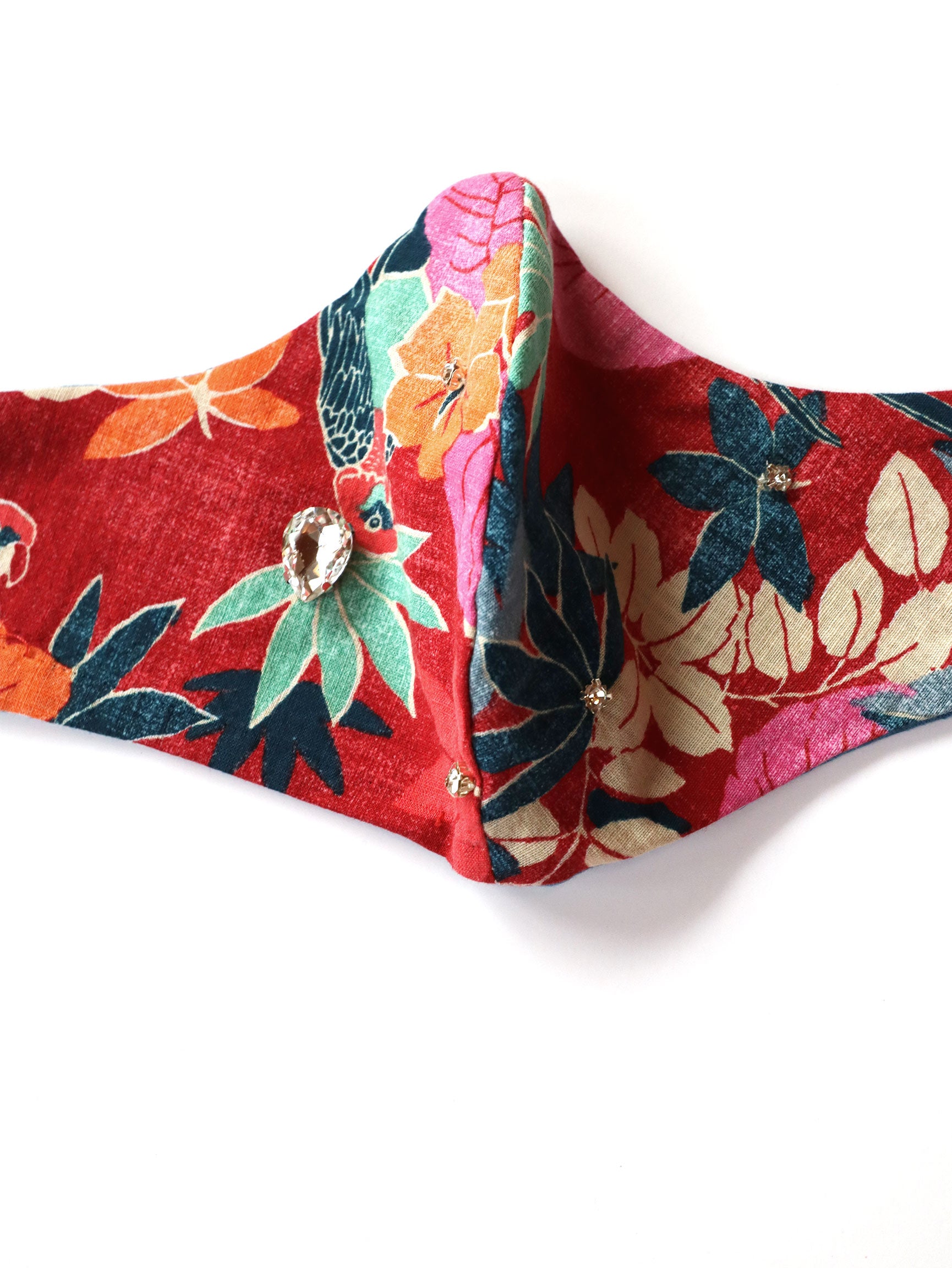 Red Tropical Print Mask w/Handsewn Gems - 1