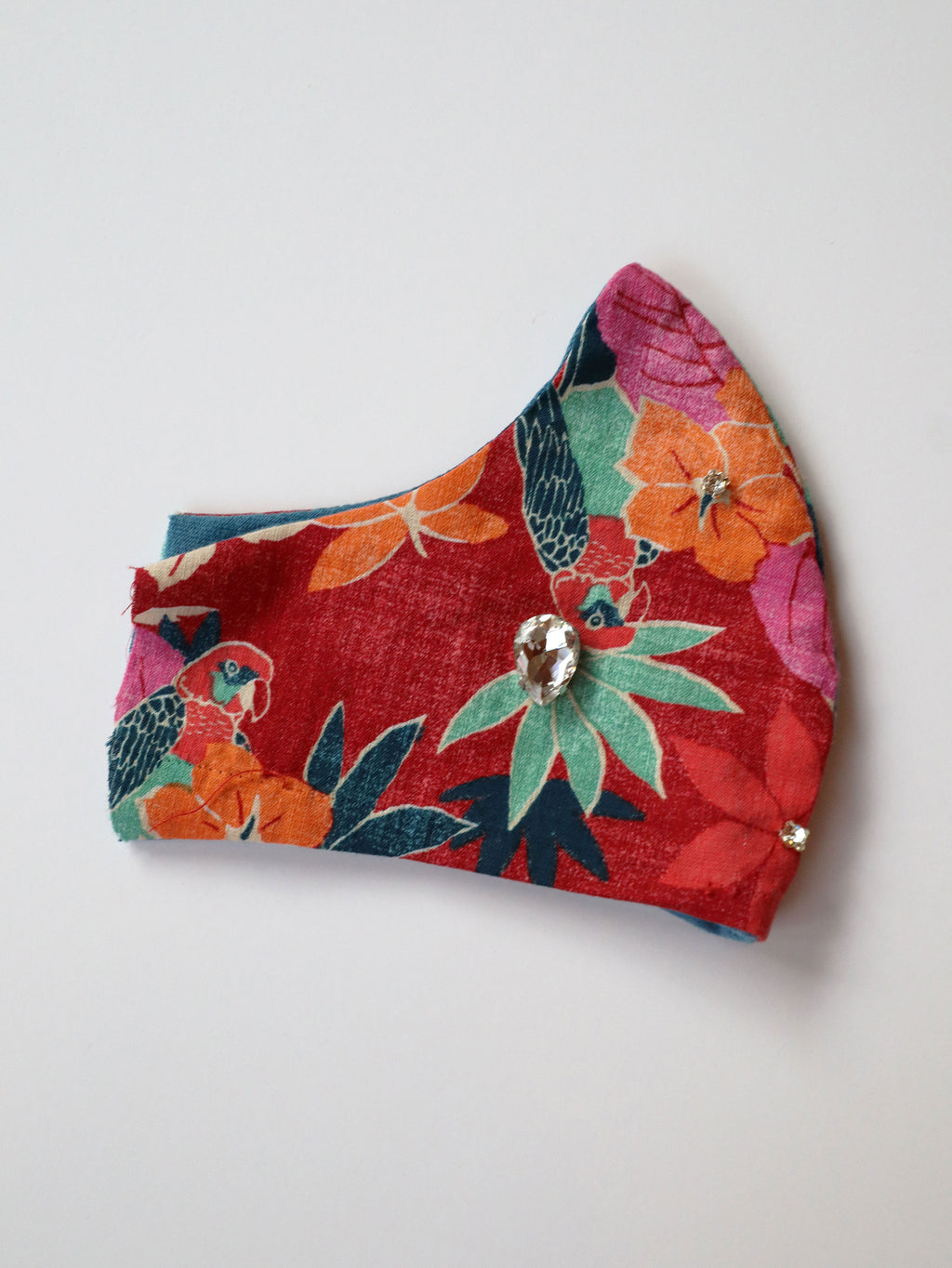 Red Tropical Print Mask w/Handsewn Gems - 1