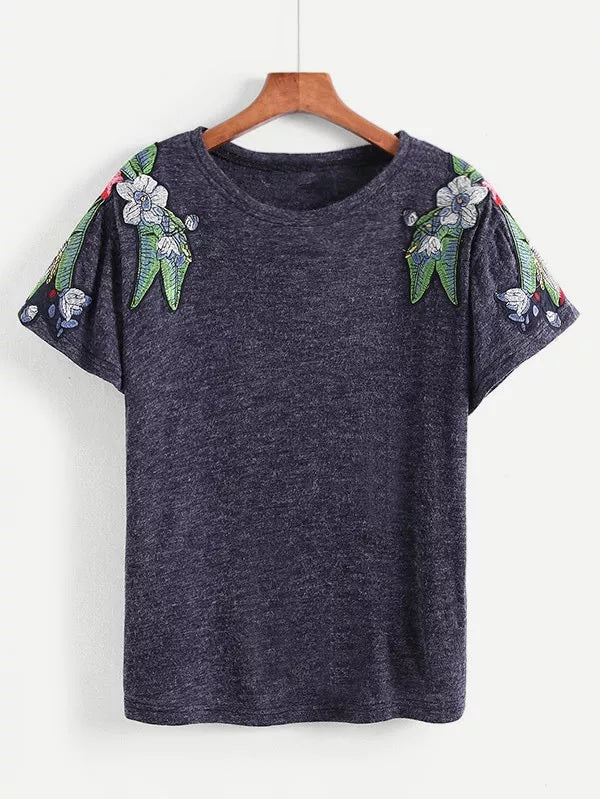 The Wild Night Embroidered Floral Patch Tshirt